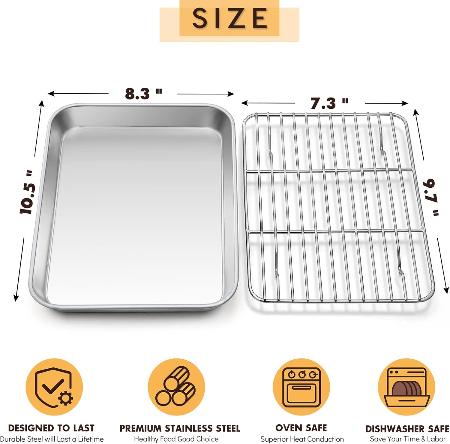 Metal Toaster Oven Tray Set, E-Far 10.5&rdquo;X8.3&rdquo; Small Stainless Steel Baking Pan with Wire Rack for Cooking Broiling, Rimmed Metal Sheet for Roasting Cooling Cookie Bacon Steak image number 1