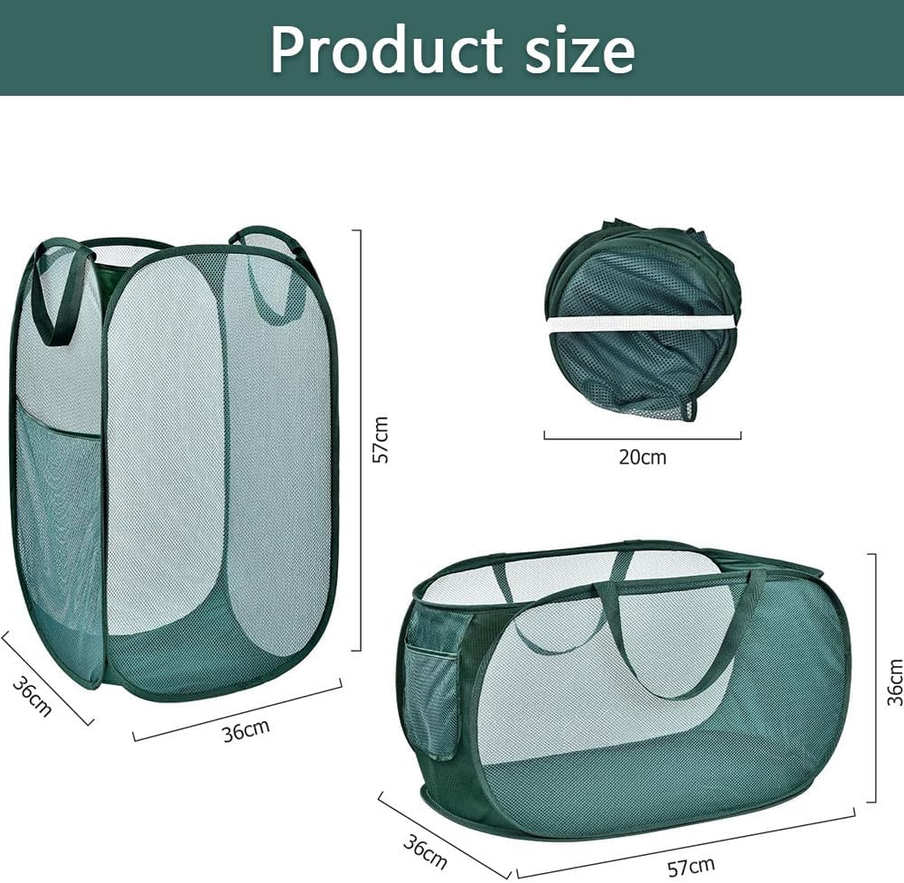 2 Pack Foldable Pop up Mesh Laundry Hampers Large Green Laundry Baskets with Handles and Side Pocket for Clothes Toys and Home Storage image number 3