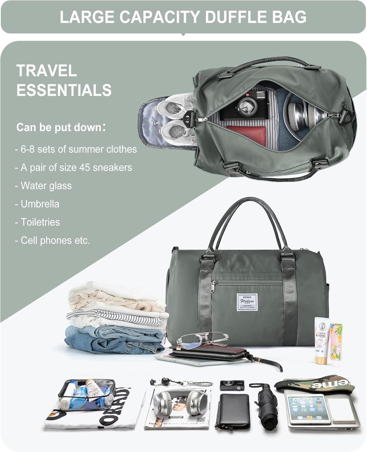 Gym Bag, with Shoes Compartment and Wet Pocket Travel, Waterproof, Duffel Bag, Gym Tote Bag, for Swimming, Yoga, Weekend Overnight Bag, Carry on Bag, Hospital Holdalls, for Womens Mens (Green) image number 4