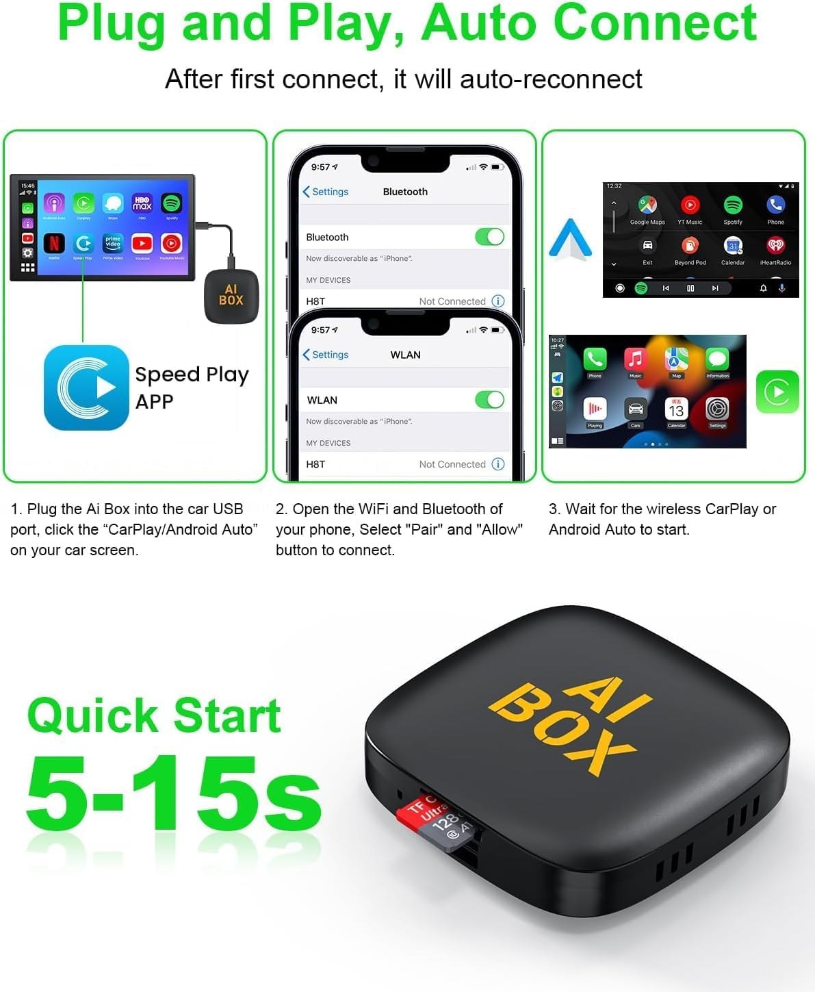 5 in 1 Wireless Carplay Adapter and Android Auto Adapter, 4+64GB AI Box Support Netflix/Youtube/Tf Card, Wireless Carplay Dongle for OEM Wired Carplay Cars, Iphone Ios10+ Android 11.0+ image number 2