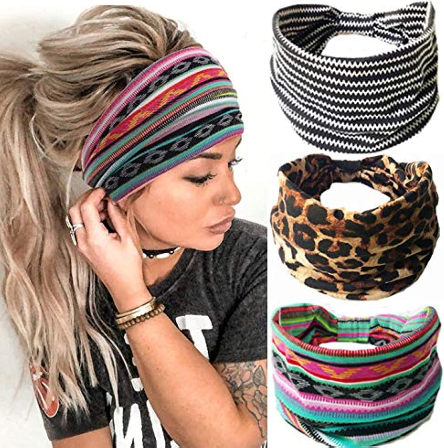 GORTIN Boho Headbands Leopard Hair Bands Knoted Turban Headband Stretch Twist Head Wraps Stripe Cloth Head Bands for Women and Girls 3 Pcs (X-Solid Color Set 1) image number 3