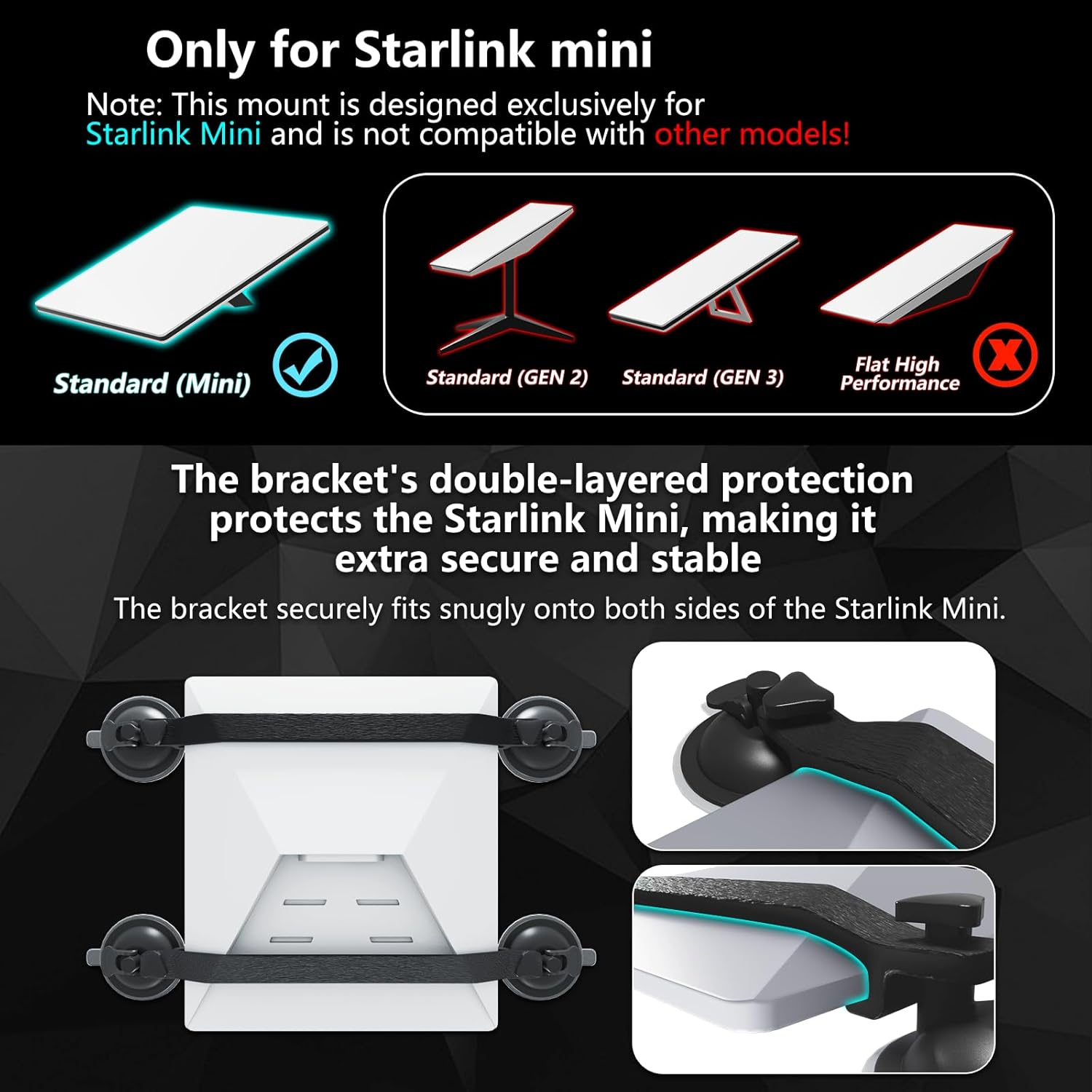 Car Mount for Starlink Mini &ndash; Suction Cup Accessories Kit for Sunroofs,Car Windows & Roof Installation, Secure Holder for Rvs, Boats & Road Trips with Stable Signal (Black)