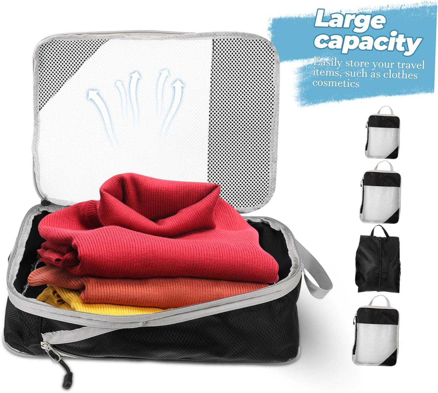 CTIRCHIU 4Pcs Black Mesh Compression Packing Cubes Set for Travel Suitcase Organizer Bags with Expandable Compartments and Handles, Lightweight Luggage Storage for Clothes and Accessories image number 3