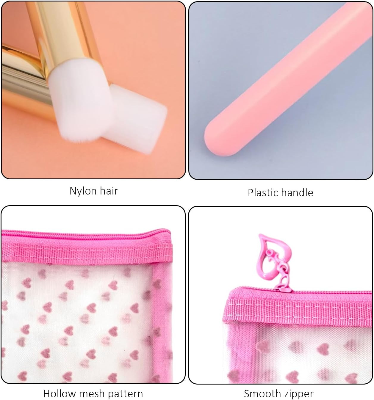 Pack of 10 Pink Multifunctional Brushes, 1 X Pink Cosmetic Bag, Storage Bag for Outdoor Travel, Hotel Toiletry Bag, Transparent Mesh Bag, Face Washing Tool