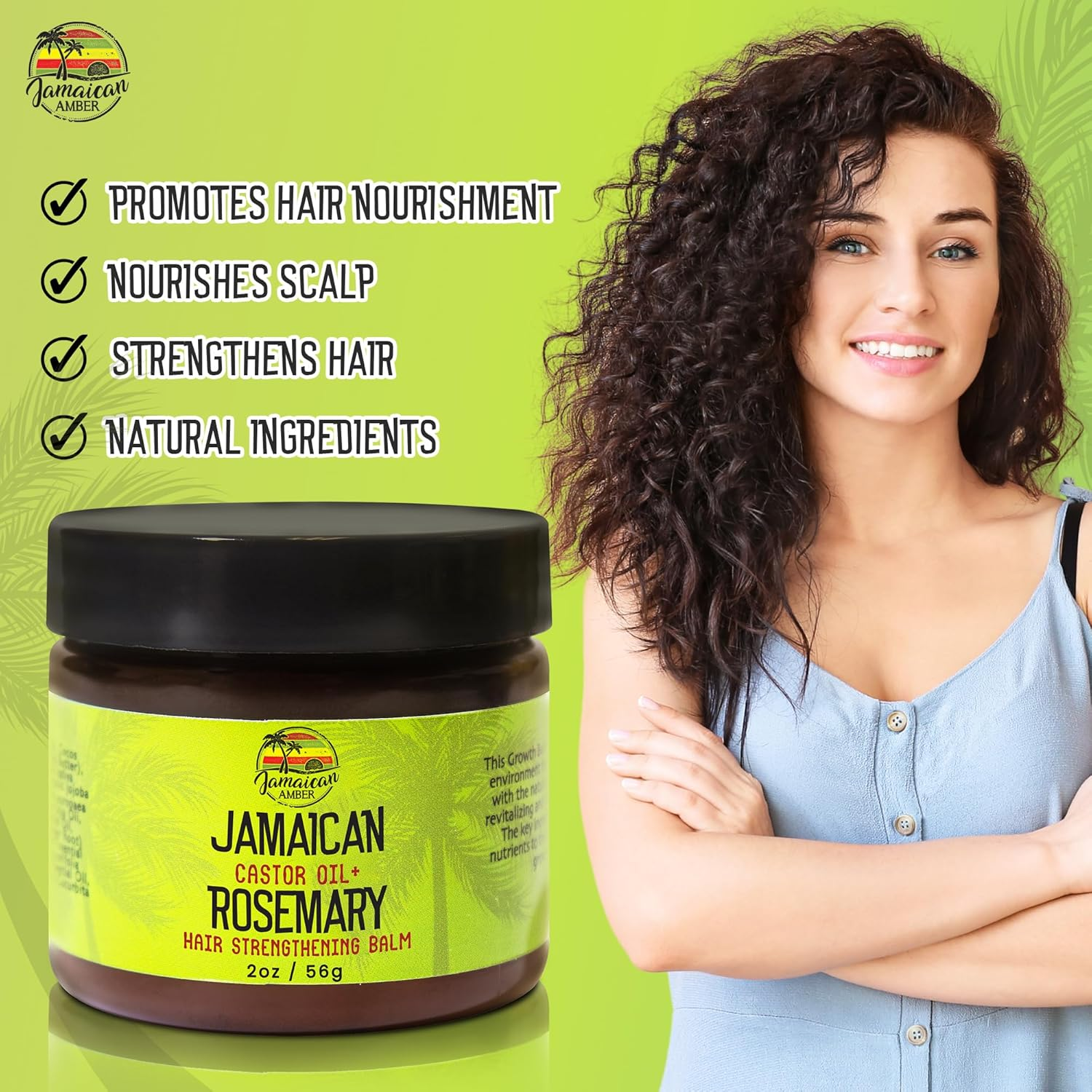 JAMAICAN Ambre Hair Balm - 2 Fl Oz | Natural Strengthening & Nourishing Blend with Castor Oil & Rosemary for Thick, Long Hair