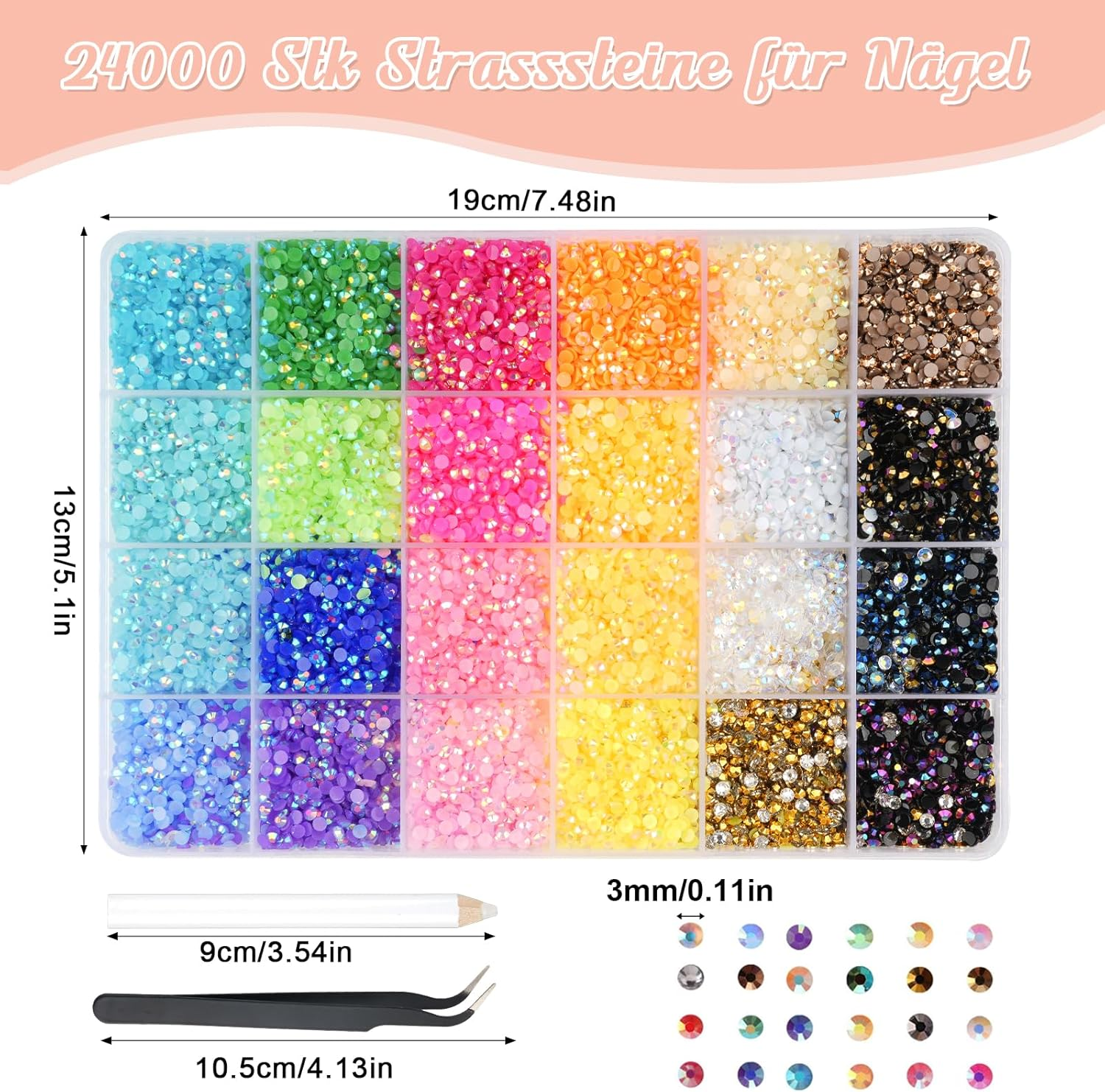 Hopton 24000 Pieces Rhinestone Nails, 24 Colours Glitter Stones for Crafts, round Glitter Gemstones Rhinestones with Tweezers and Wax Pen, Rhinestones Set for DIY Nails Crafts image number 6