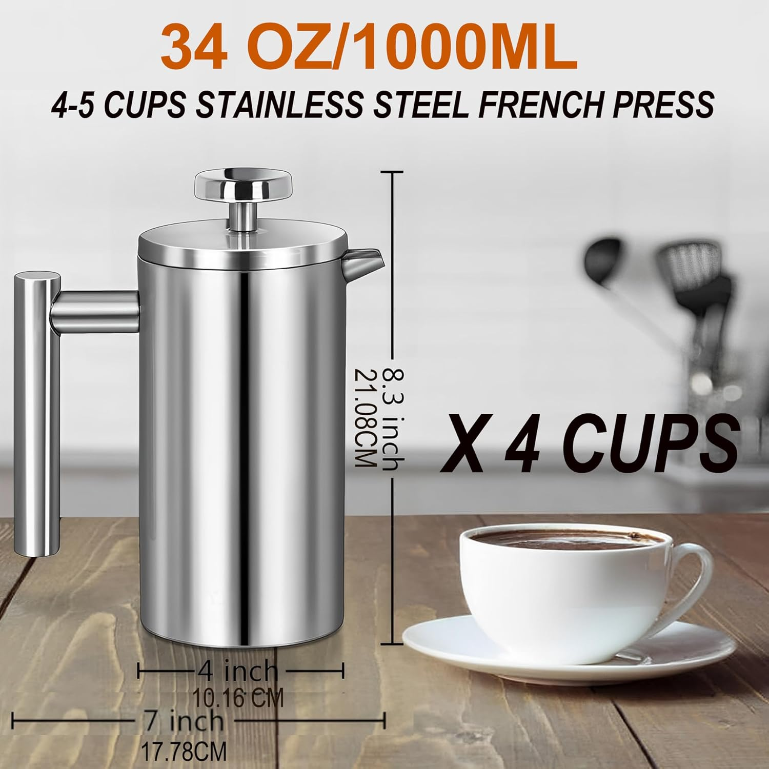 WORBIC French Press Coffee Maker, 34 Ounce Double-Wall Insulated Stainless Steel, 3 Level Filtration System with 3 Extra Filter Screens, French Press for Home, Camping and Office, Silver image number 2