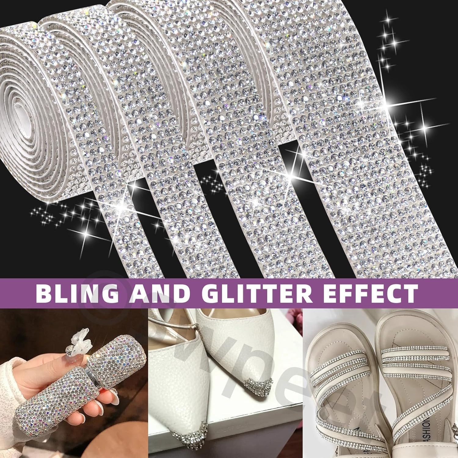 Swpeet 4 Rolls 4 Sizes Royal Blue Self Adhesive Rhinestone Ribbons Strips, Bling Crystal Rhinestone Diamond Ribbons Stickers, Rhinestone Tape Wrap, Diamond Rhinestone Roll for Crafts Phone Decoration - Blue image number 5