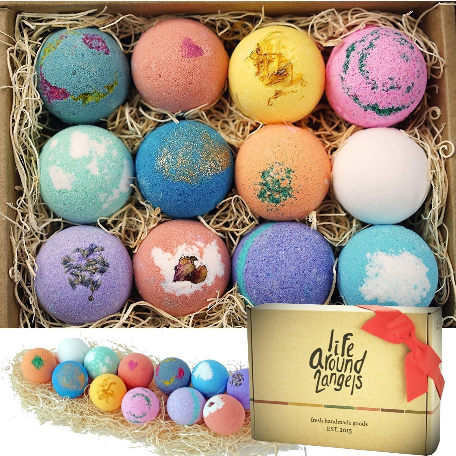 Lifearound2Angels Bath Bombs Gift Set 12 USA Made Fizzies, Shea & Coco Butter Dry Skin Moisturize, Perfect for Bubble Spa Bath. Handmade Birthday Mothers Day Gifts Idea for Her/Him, Wife, Girlfriend image number 4