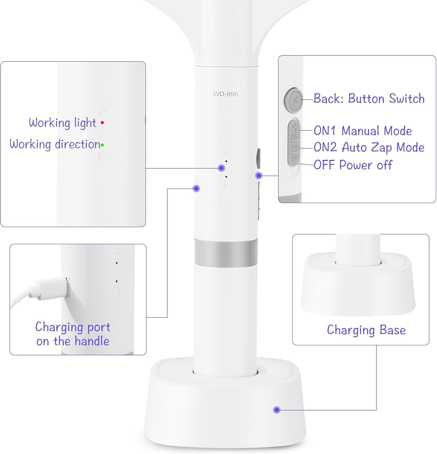 Peacafulife Electric Fly Swatter Rechargeable 4000V Bug Zapper Racket, 2-In-1 Detachable Bug Swatter Mosquito Killer with Purple Light & 3-Layer Safety Nets Portable Fly Zapper for Indoor Outdoor image number 5
