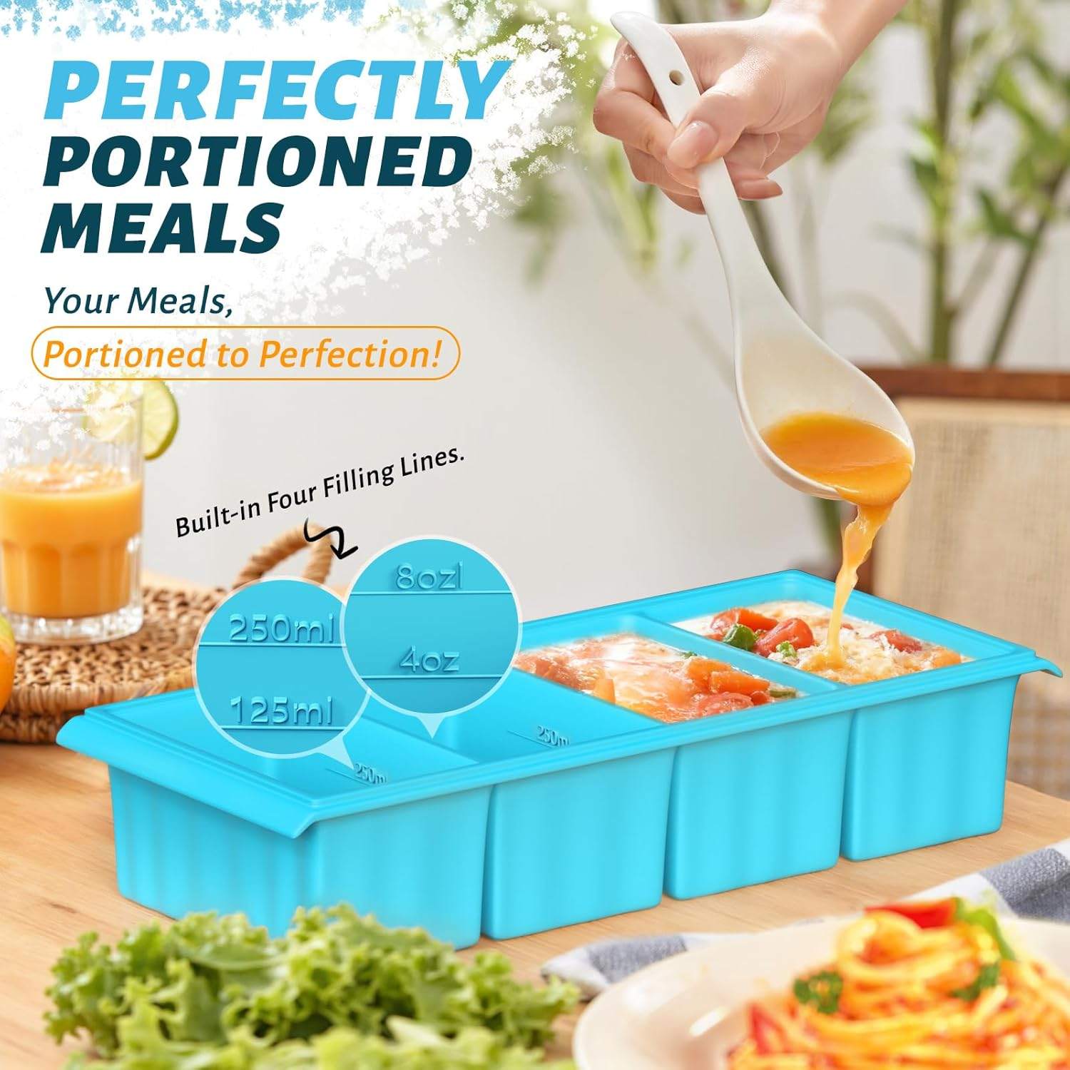 Dawntress Silicone Freezer Tray with Lid - 2Pack Soup Freezer Containers Moulds, Kitchen Portion Food Storage for Freezing Broth, Rice, Sauce, Leftovers, Gift Set BPA Free - 1 and 2 Cup image number 6