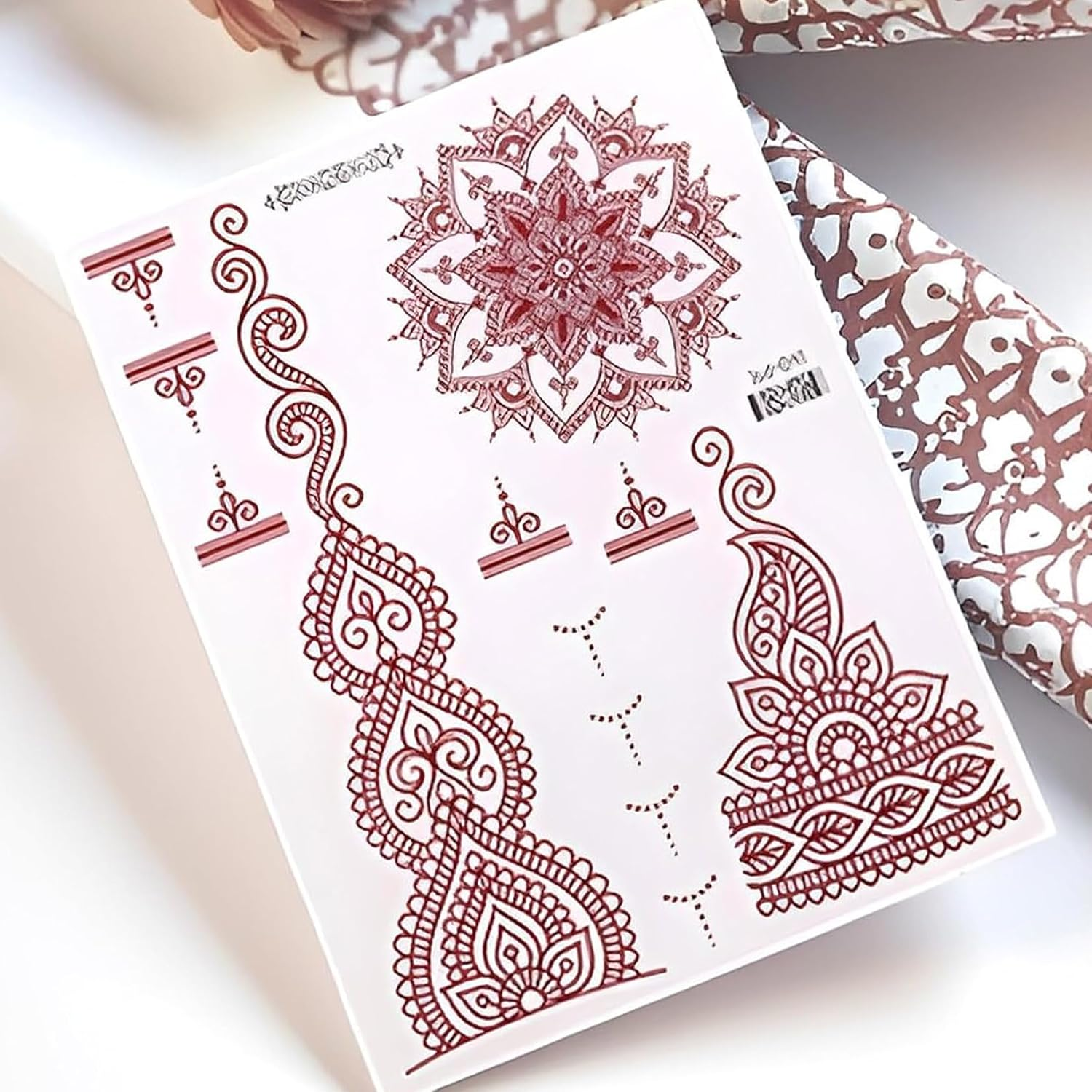 12PCS Brown Red Lace Temporary Tattoos Waterproof Fake Tattoos Temporary Tattoo Kits Mandala Flower Tattoo Stickers Women Girls Arm Body Art Indian Red Tattoo Stickers Suitable for Women Girls