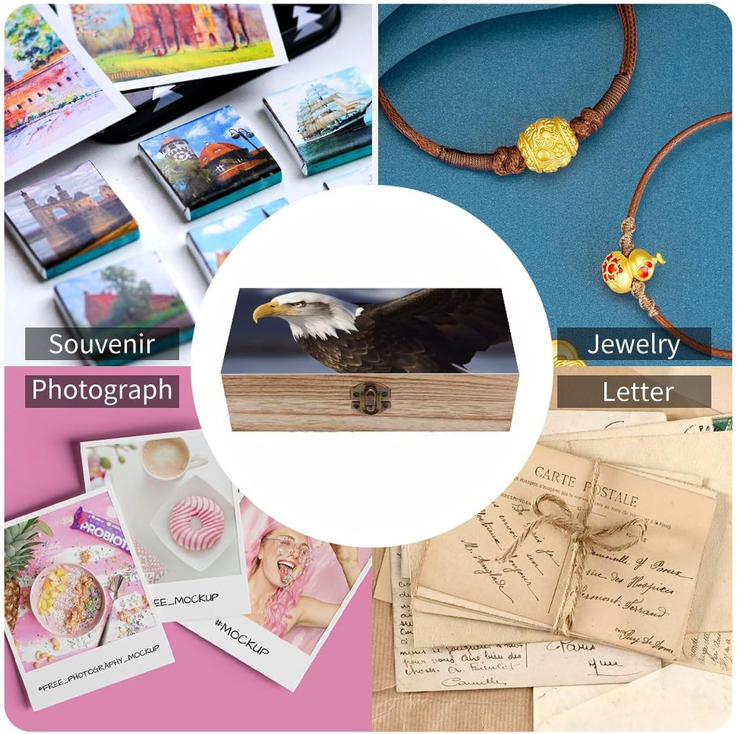 Bald Eagle Wooden Box Wood Wedding Keepsake Boxes with Lids Small Decorative Boxes Lightweight Wooden Memory Storage Box for Crafts Keepsakes Jewelry Photo Letter Storage image number 3