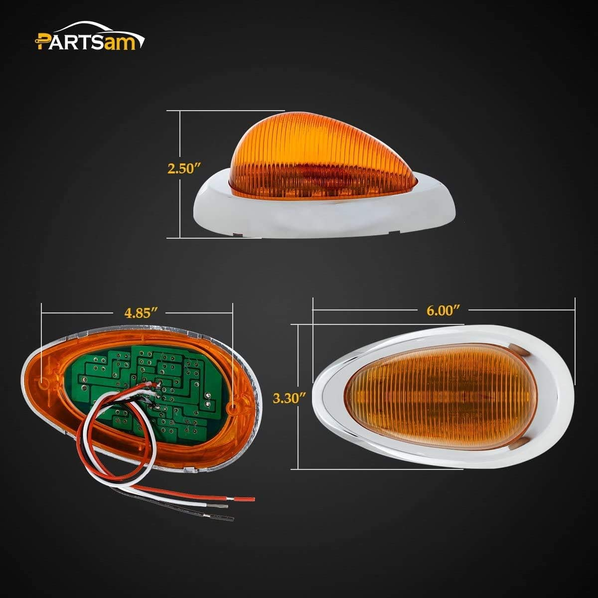 Partsam 2Pcs 6" Amber Sleeper Cab LED Side Marker/Turn Led Light Surface Mount 15 LED Replacement for Freightliner Century/Columbia Amber Oval Side Marker and Turn Signal Sealed Light image number 6