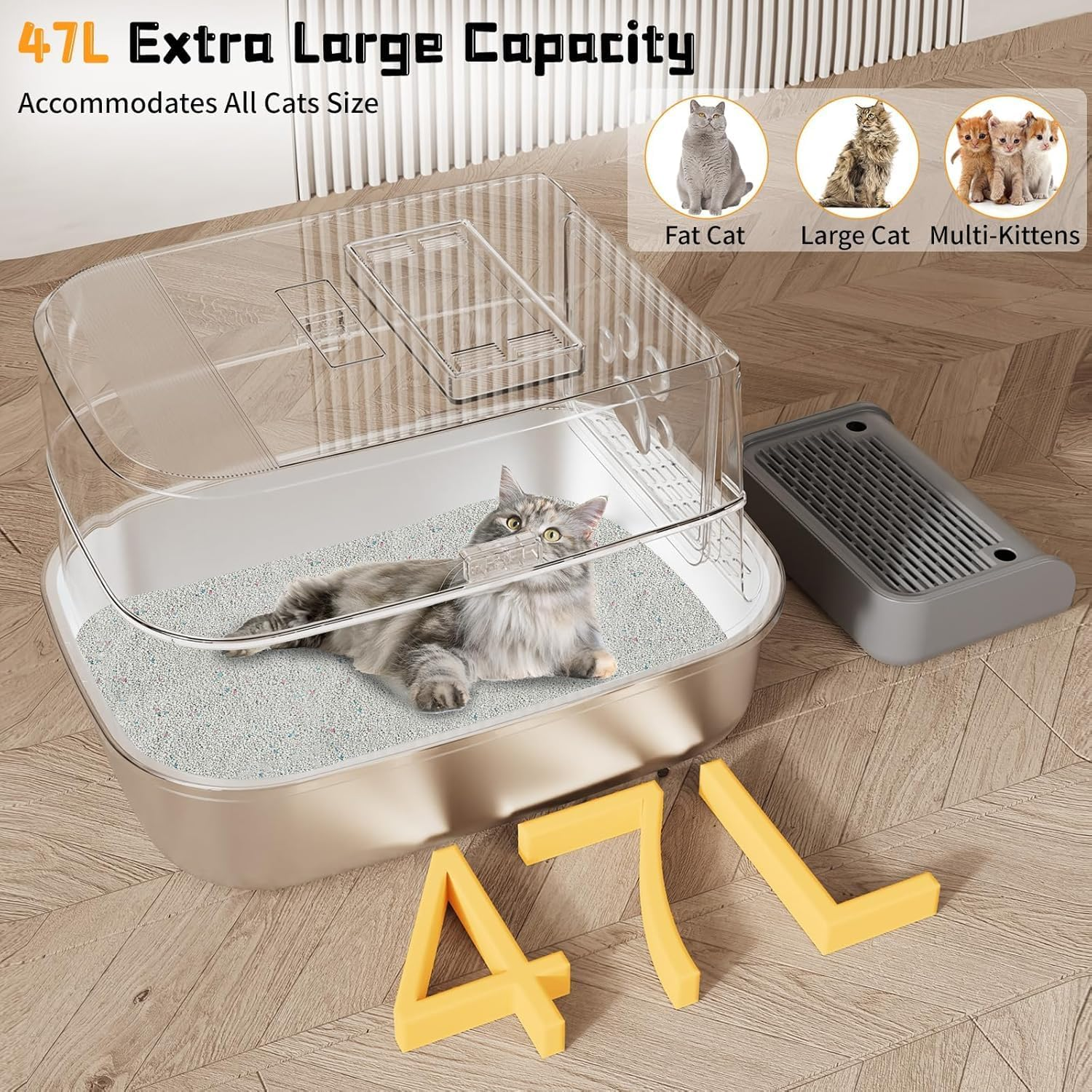IHAYNER Stainless Steel Extra-Large Cat Litter Tray with Lid, 60 X 40 X 39 Cm, 47 L, Dark Gray, Covered Litter Box for Cat Owners image number 6