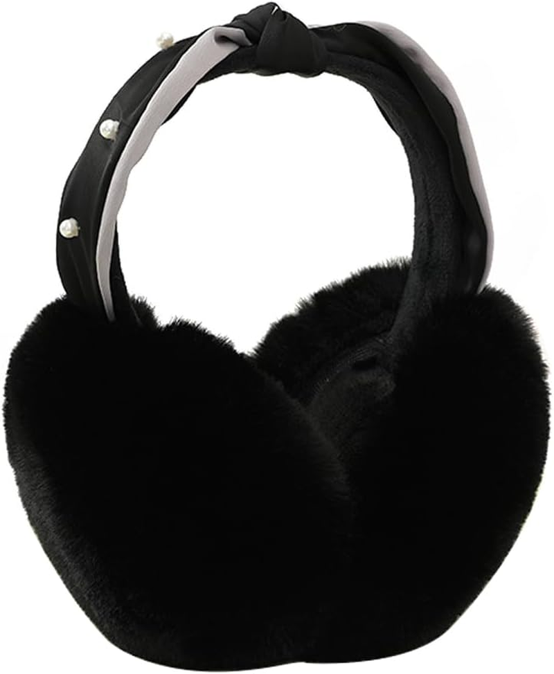 Winter Earmuff,Keep Ear Warm,Folding Warm Pearl Ear Muffs, Fluffy Earmuffs for Girls Women Outdoor (Black) image number 3