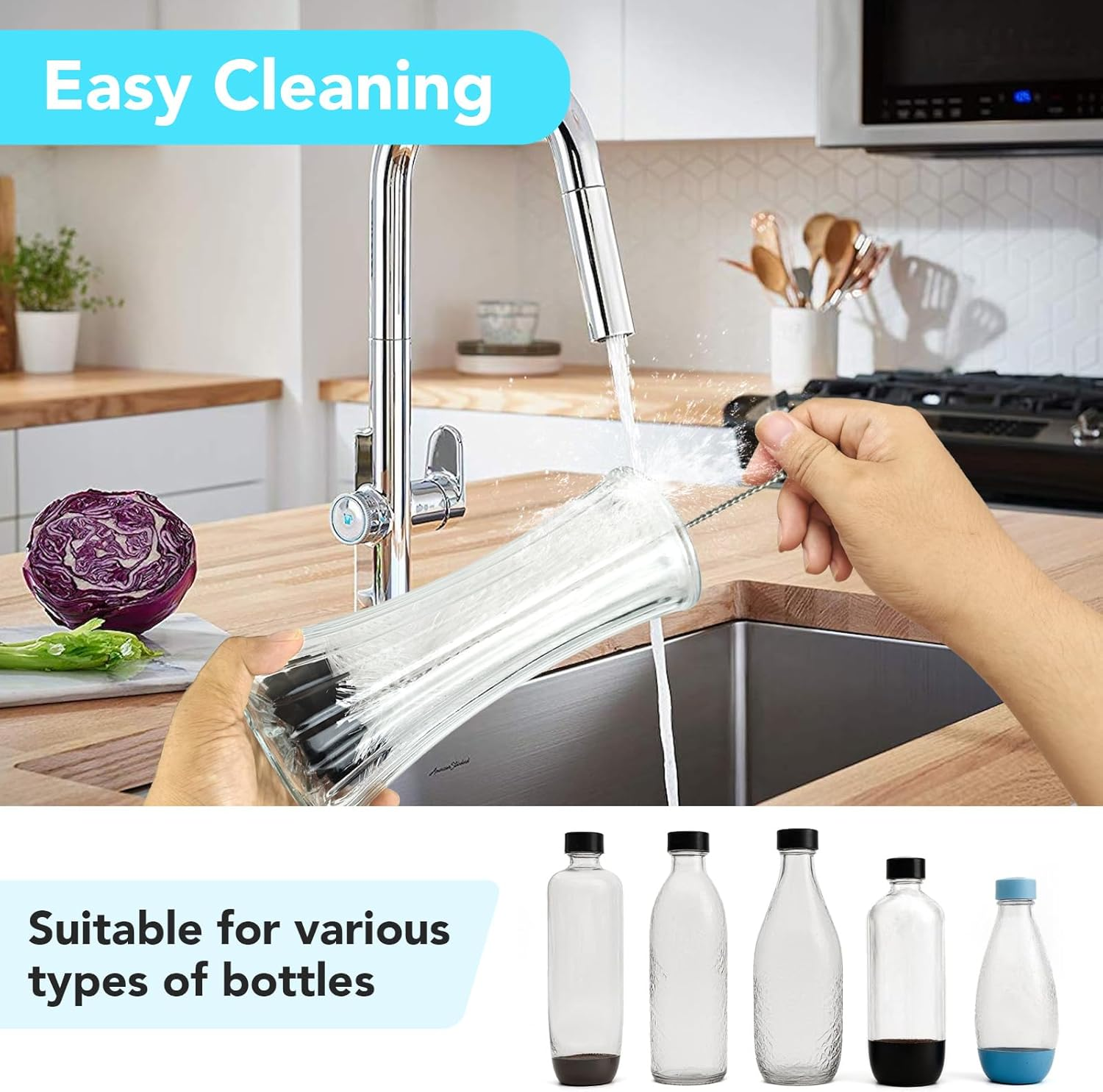 32 Cm Bottle Brush for Sodastream - Pack of 2 with Ergonomic Handle, White Bristles & Black Sponge - Ideal for Glass and Duo Plastic Bottles - Powerful Cleaning without Scratches image number 5