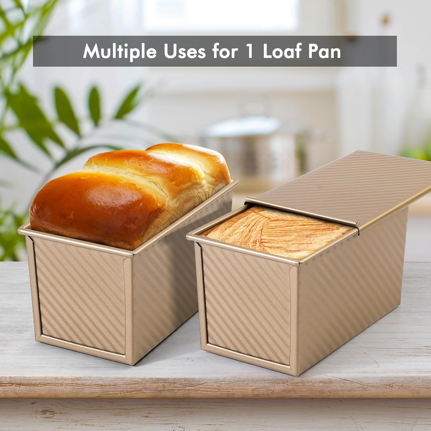 Beasea Pullman Loaf Pan 2 Pack, 1 Lb Non-Stick Bread Pan with Lid Carbon Steel Gold Toast Box Mold with Cover for Bakeware Bread, Baking Tools for Oven Baking image number 7