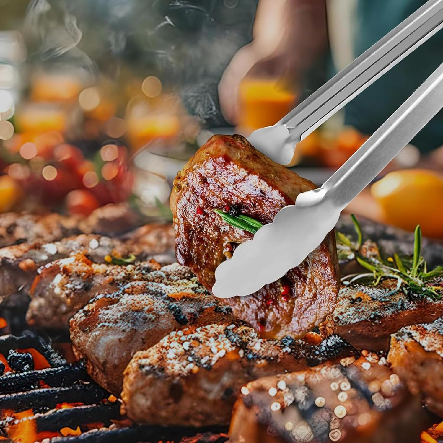 Tongs for Cooking, 12-Inch Stainless Steel Kitchen Tongs, Locking Metal Food Tongs with Silicone Non-Slip Grip, Kitchen Utensils Tongs for Food, Salad and Outdoor BBQ (Set of 4) - 4 Color image number 3