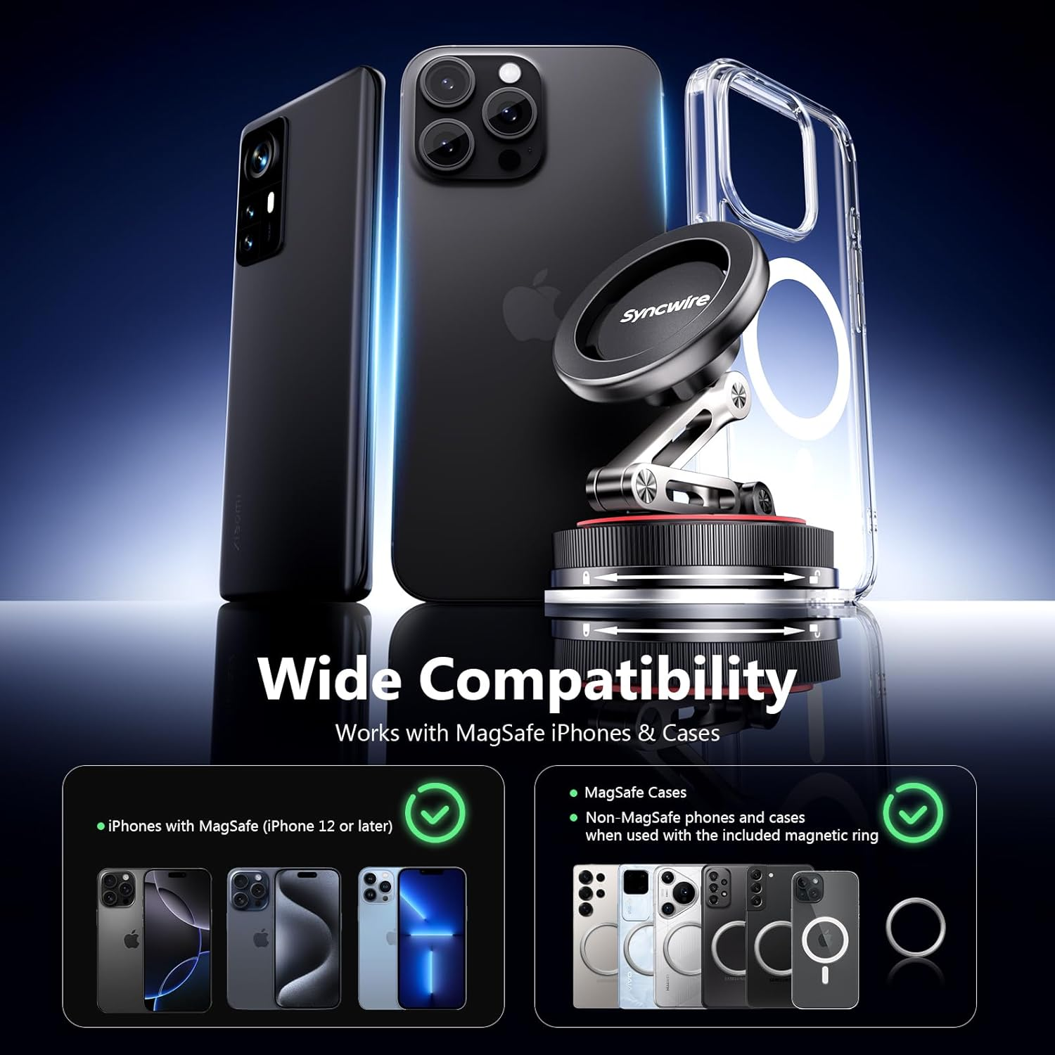 SYNCWIRE for Magsafe Car Mount [3-Axis] Nano Adhesive Gel + Strong Suction Cup Magnetic Phone Holder for Dashboard & Windshield, 360&deg; Adjustable for Iphone 17 16 15 14 13 12, Samsung, Matte Black image number 4