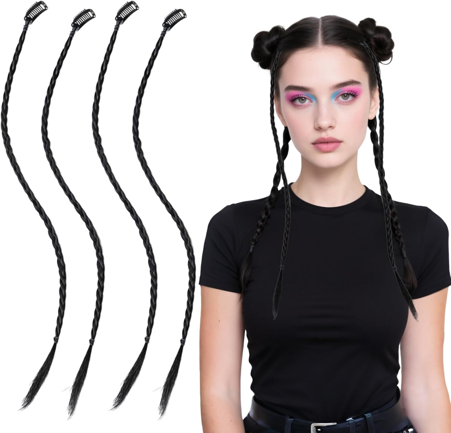 4 Pieces Clip-In Braid Hair Extensions, Synthetic Hairpieces, Dreadlock Extensions, Clip-In Braiding Hair Extensions, Black, for Women, Hip-Hop Style image number 4