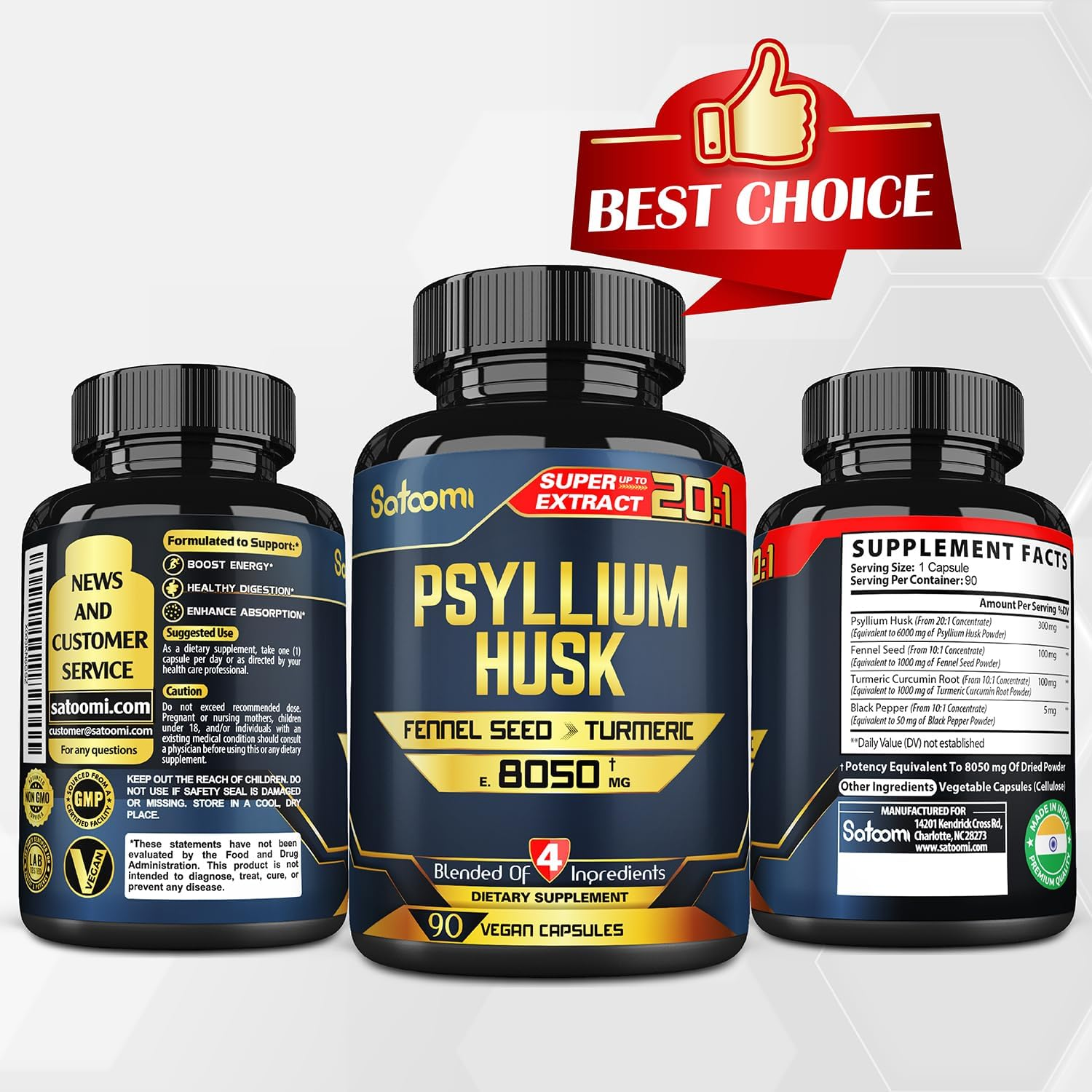 SATOOMI Psyllium Husk Capsules - 4 Powerful Natural Ingredients with Fennel, Turmeric Blend & Black Pepper - 90 Vegan Count for 3 Months image number 5