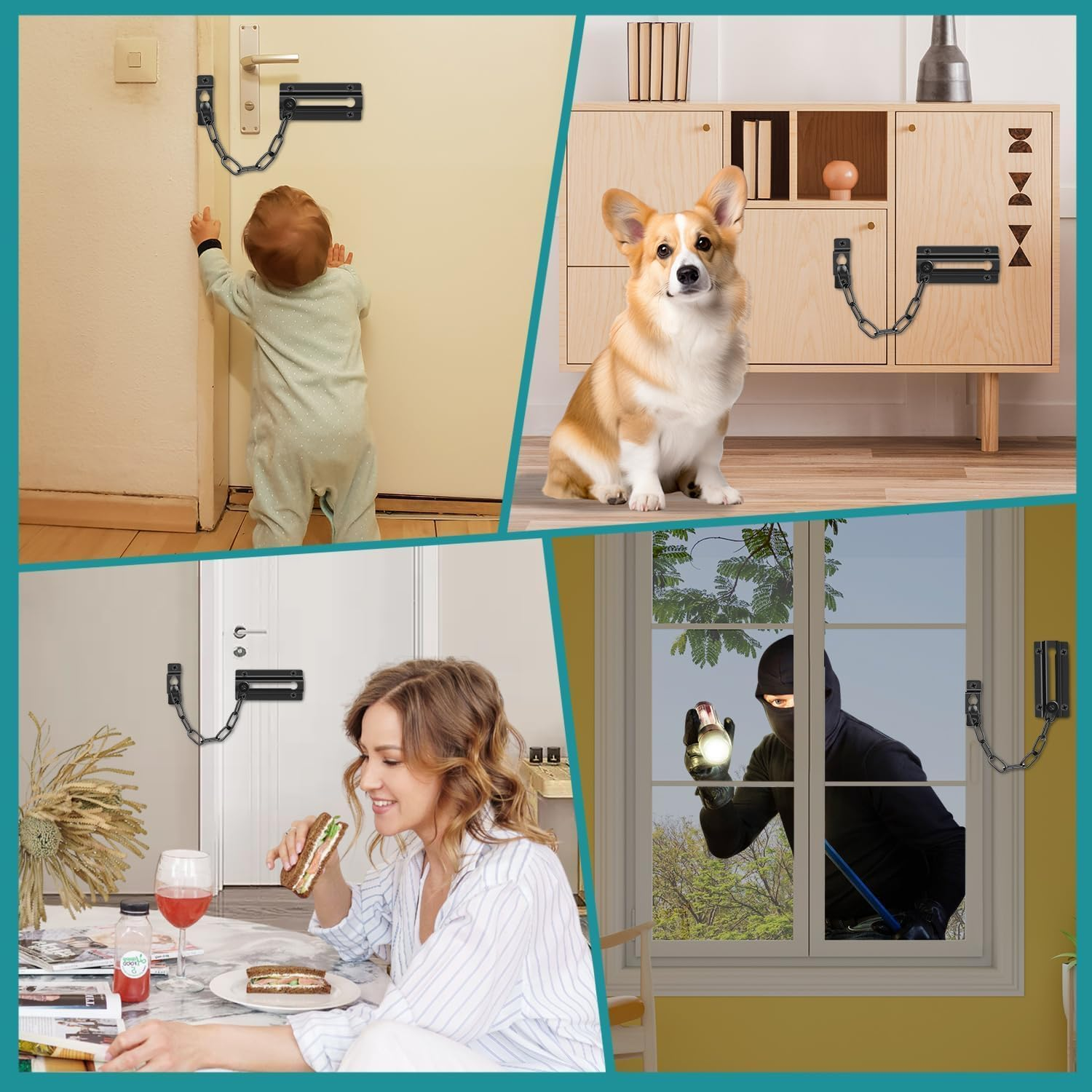 4 Pack Door Chain Lock, Security Safety Door Latch Locks with 24 Screws, Sturdy Stainless Steel Chain Lock Door Guard for inside Door Front Door Hotel Apartment Home image number 3