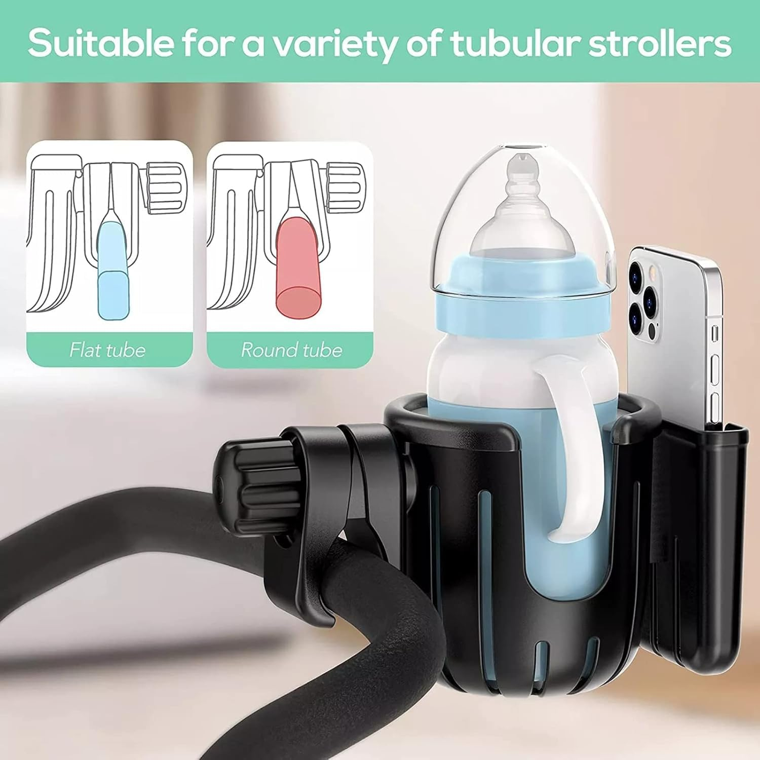 Universal Stroller Cup Holder with Phone Holder, Bike Cup Holder, 2-In-1 Cup Phone Drinks Holder Organizer for Stroller Accessories, Bicycle, Wheelchair, Walker, Scooter - Easy to Install and Remove image number 5
