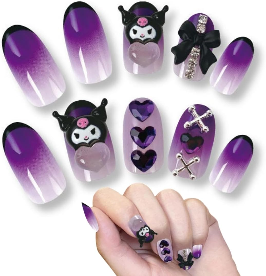 Sanrio Character Nail Tips, Peel and Stick 3D, Pack of 24, Short, Graduated Stones, Stylish, Girls, Popular, Removable, Kids, Adults