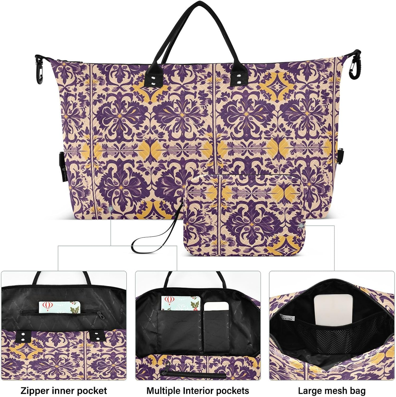 Travel Bag Travel Weekender Gear Bag Travel Tote Gym Bag with Adjustable Strap for Sports Multifunctional, Country Style Flower Pattern Purple and Yellow image number 1