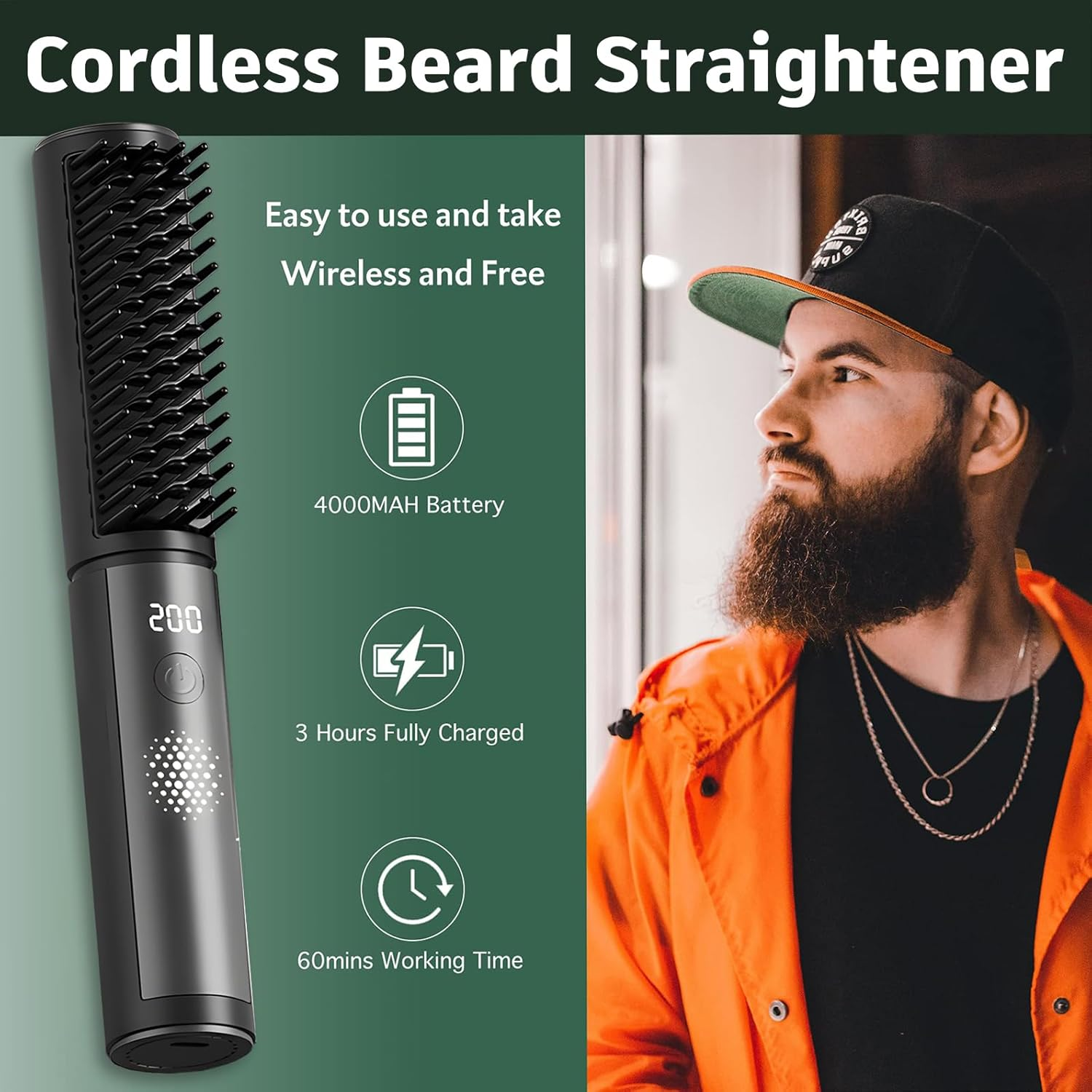 Beard Straightener for Men, Portable Cordless Heated Hair & Beard Straightening Brush with Anti-Scald & Ionic Technology, 4 Temperature Setting Comb for Home Travel image number 3