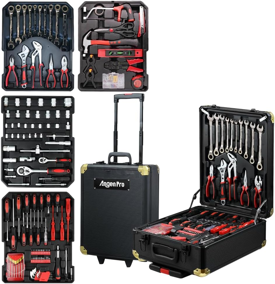 1375PCS Household Repair Tool Set - Portable Hand Tool Box Trolly Case on Wheels, Professional Mechanics Kit with Multi-Functional Wrench Hammer, DIY Repair Tools, Black image number 2