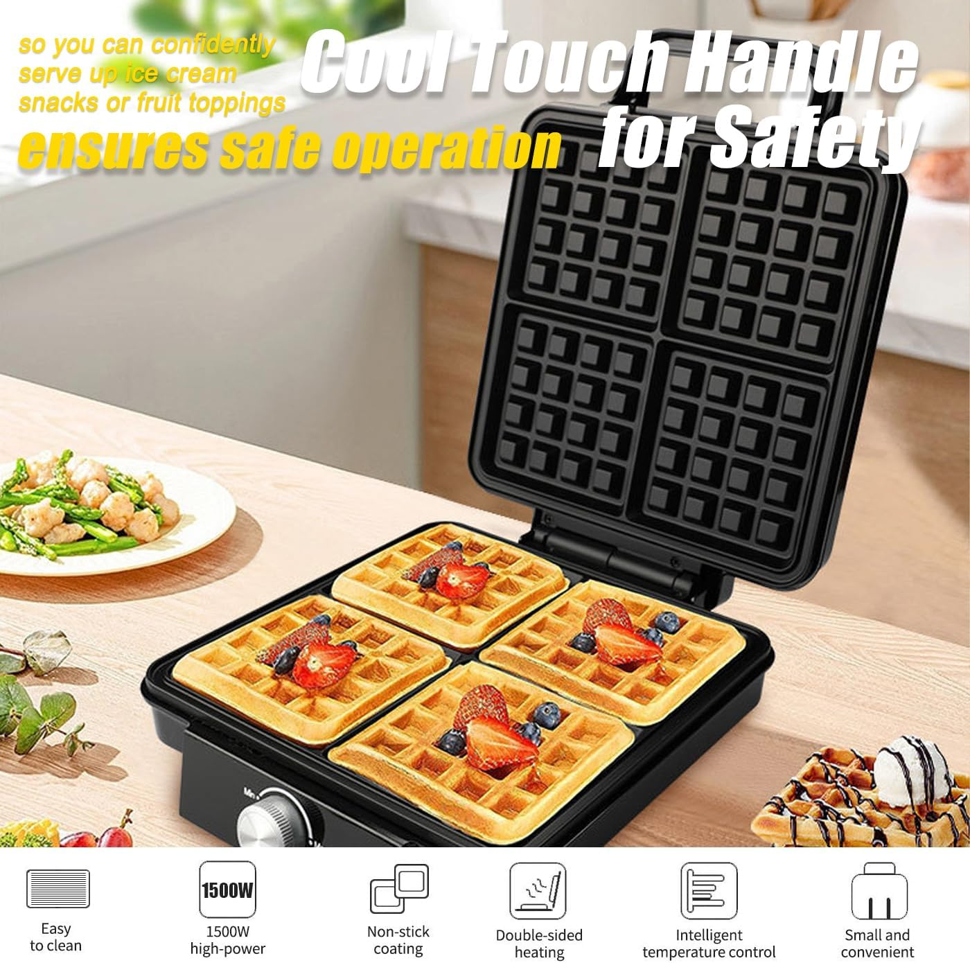 4 Slices Waffle Maker Machine, 1500W Household Electric Waffle Makers & Irons Iron with Temperature Control, Double-Sided Heating, Easy Clean, for Breakfast, Hash Browns, Best Gift image number 1
