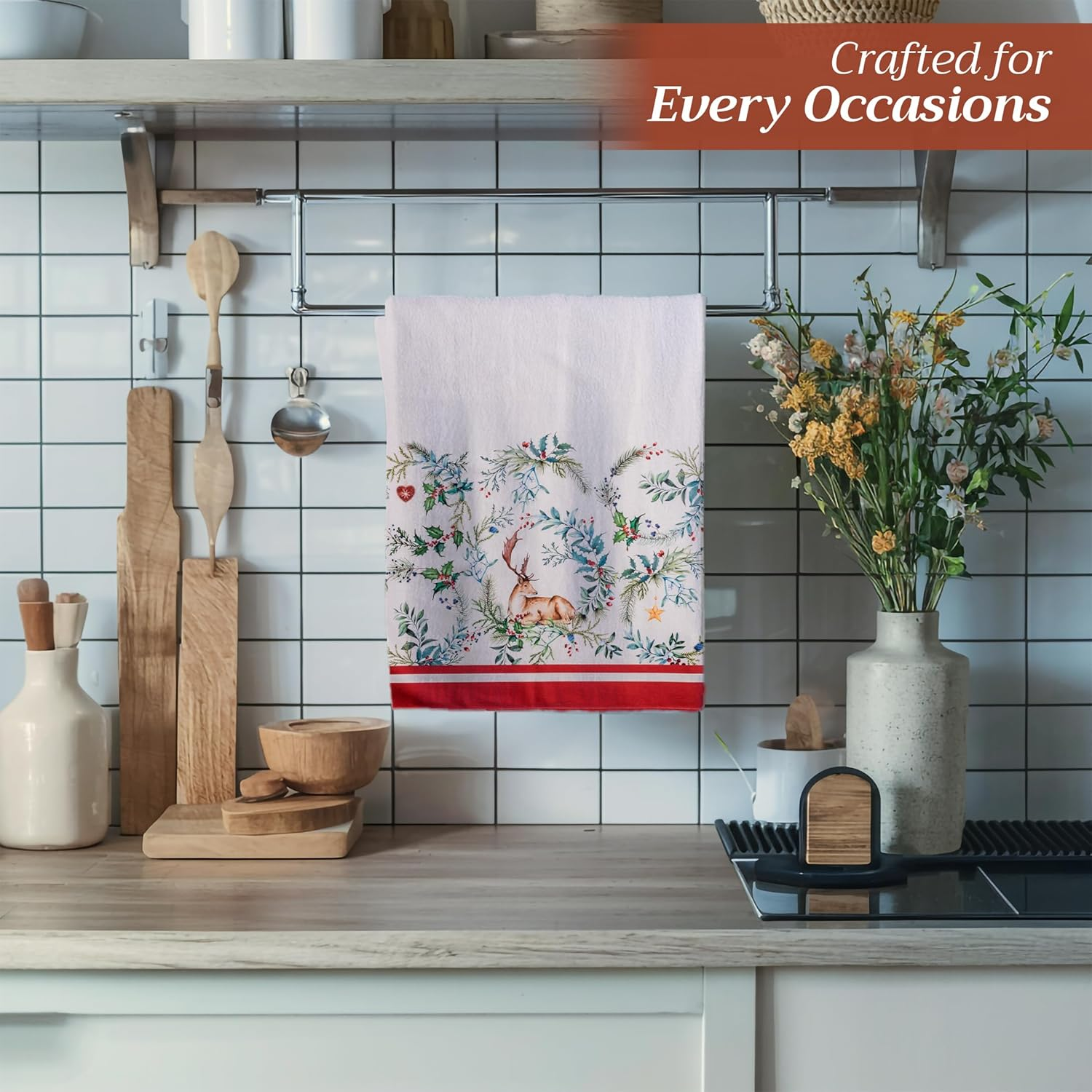 Maison D'Hermine Kitchen Towels Set of 3 100% Cotton 27.50" X 20" Reusable Cloth Tea Dish Towels Absorbent with Hanging Loop for Kitchen, Home, Dining, Cocktail Parties (Holly Time) image number 7