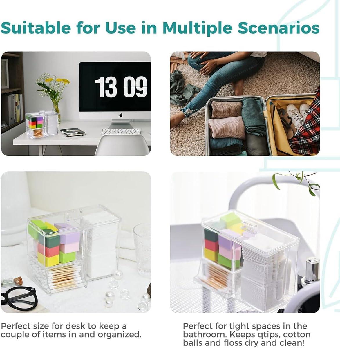 AIMALL Transparent Plastic Makeup Organizer Cotton Swab Box with U-Shaped Access, 7 in X 4.3 in X 5.6 in Waterproof Dust-Proof Desktop Storage Container image number 2