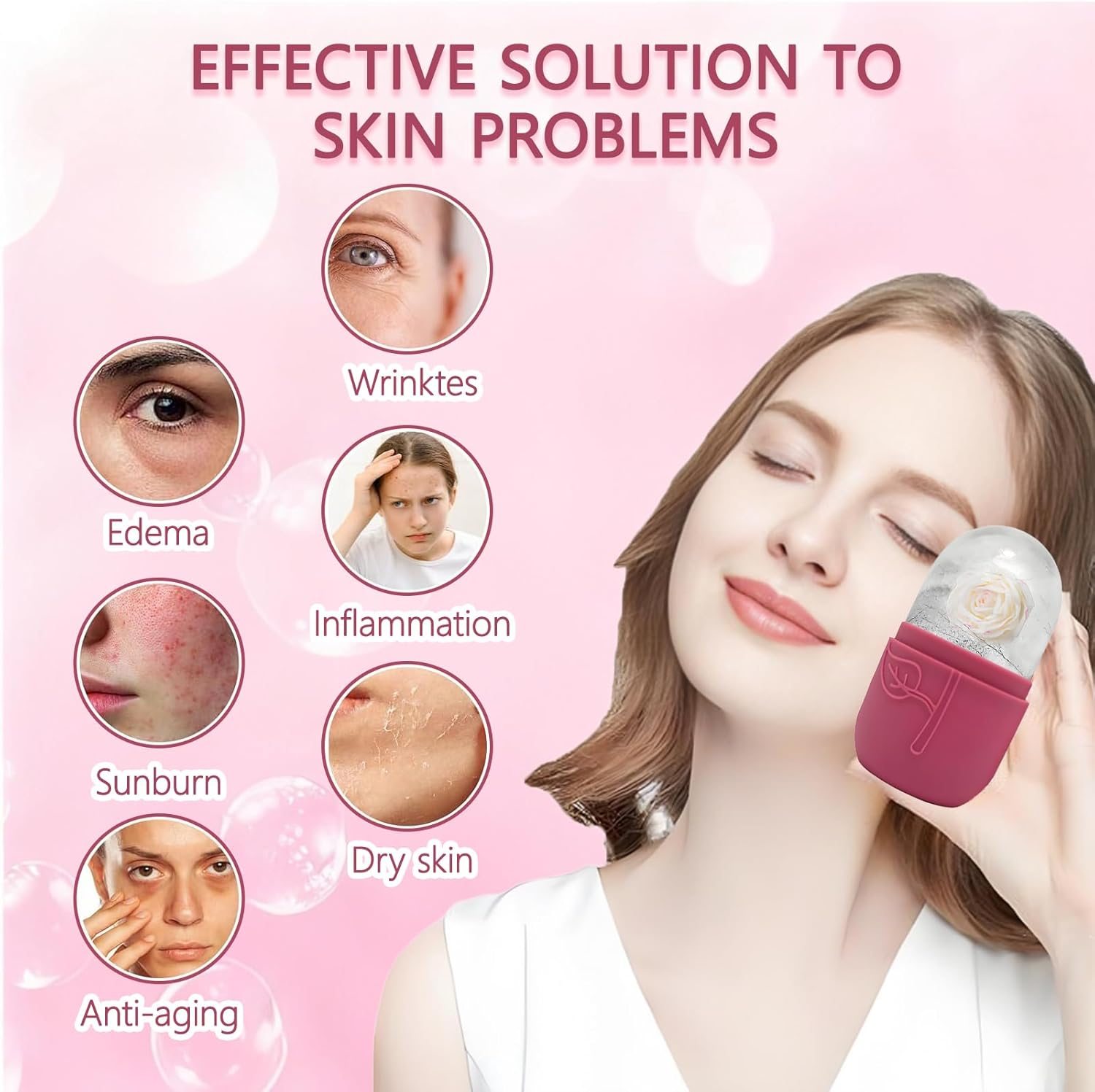 Ice Roller for Face, Eyes & Neck, Skin Care Tools, Silicone Ice Cube Massager for Skin Care, De-Puffing Eye Bags, Migraine Relief, Reusable Ice Mold for Face Massage (Rose Red & Pink)