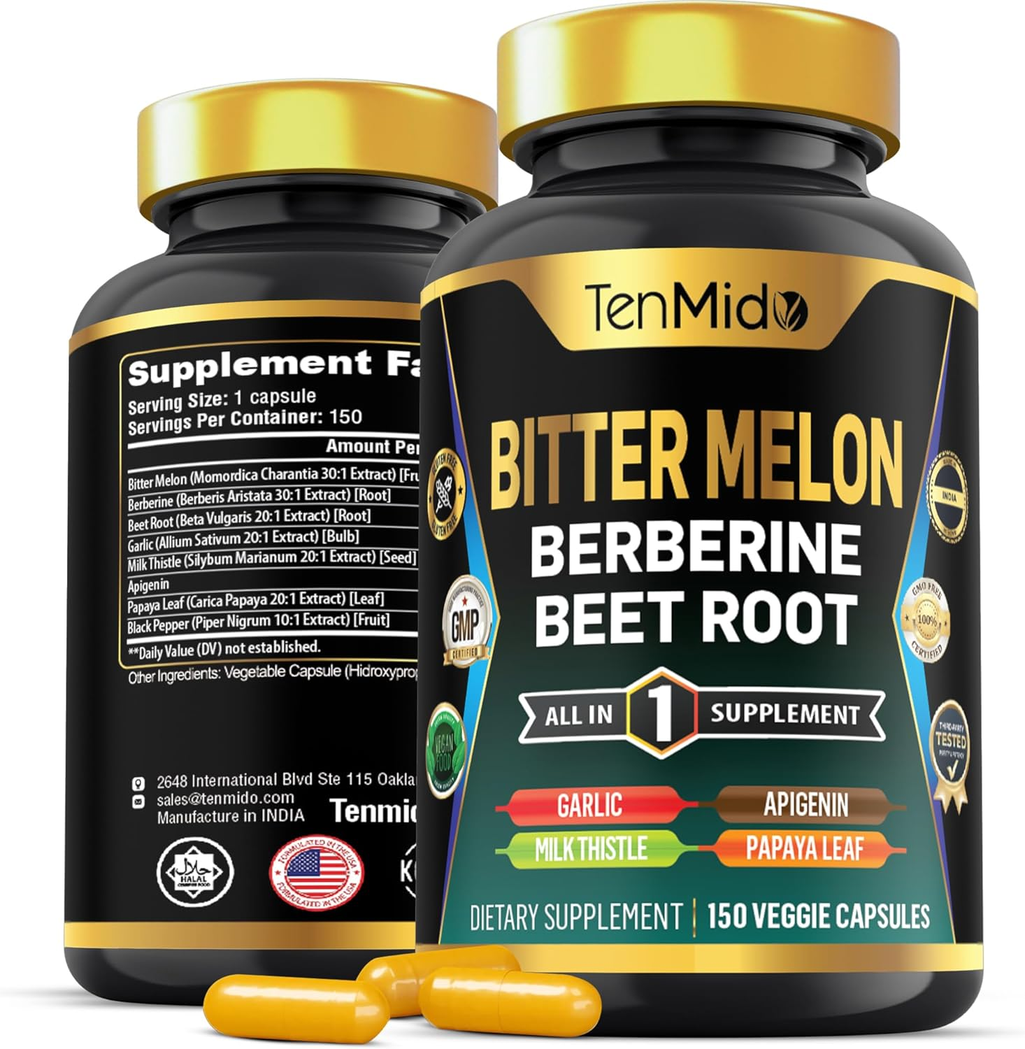 Bitter Melon Supplement - 8In1 Formula - Combine with Berberine, Beet Root, Garlic, Milk Thistle, Apigenin, Papaya Leaf, and Black Pepper - 150 Vegan Capsules for 5 Months Supply image number 1