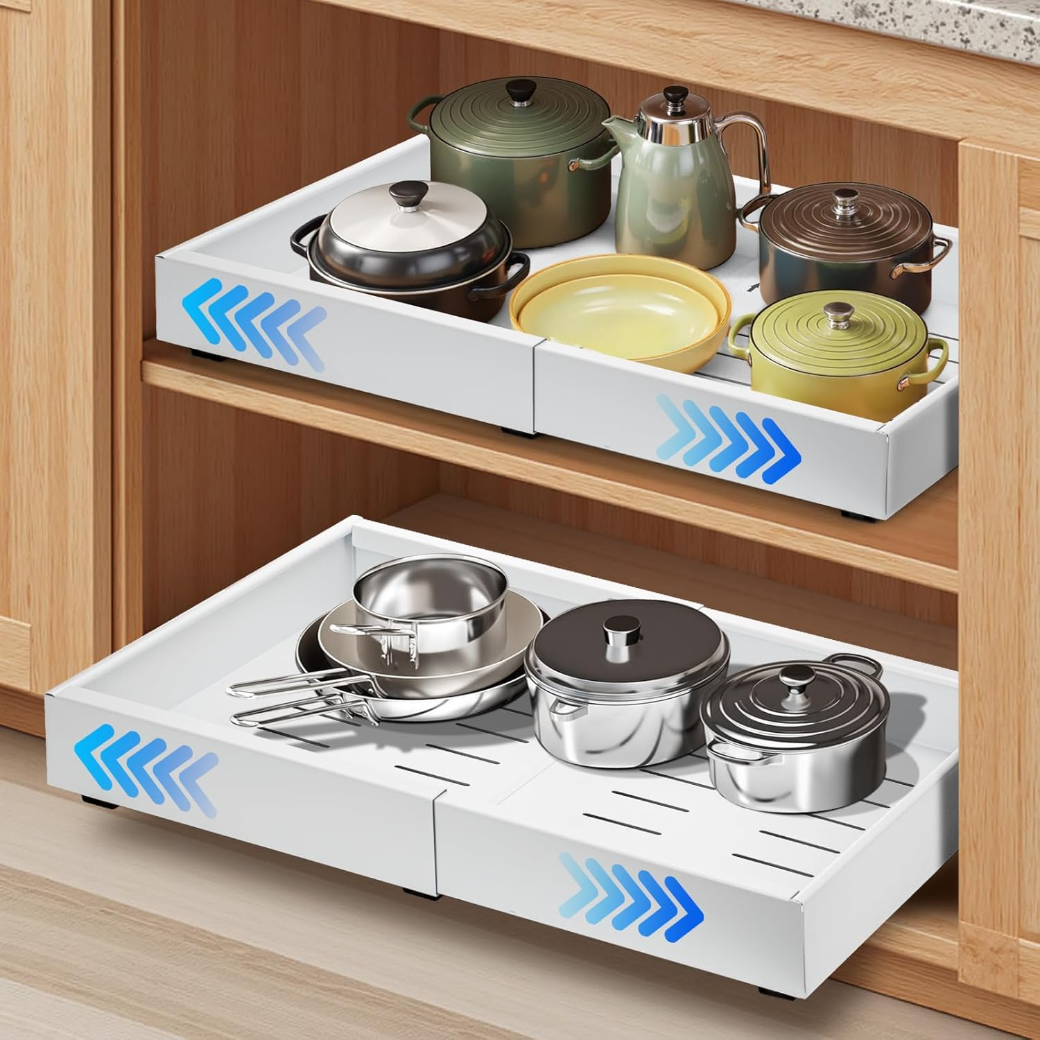 2 Pack Pull Out Drawers for Cabinets - Adjustable Expandable Organizer with Adhesive Film Fixing Screw, Slide Out Drawers Shelves Width 31-52Cm, Ideal for Pantry Storage Kitchen Organisation Bathroom