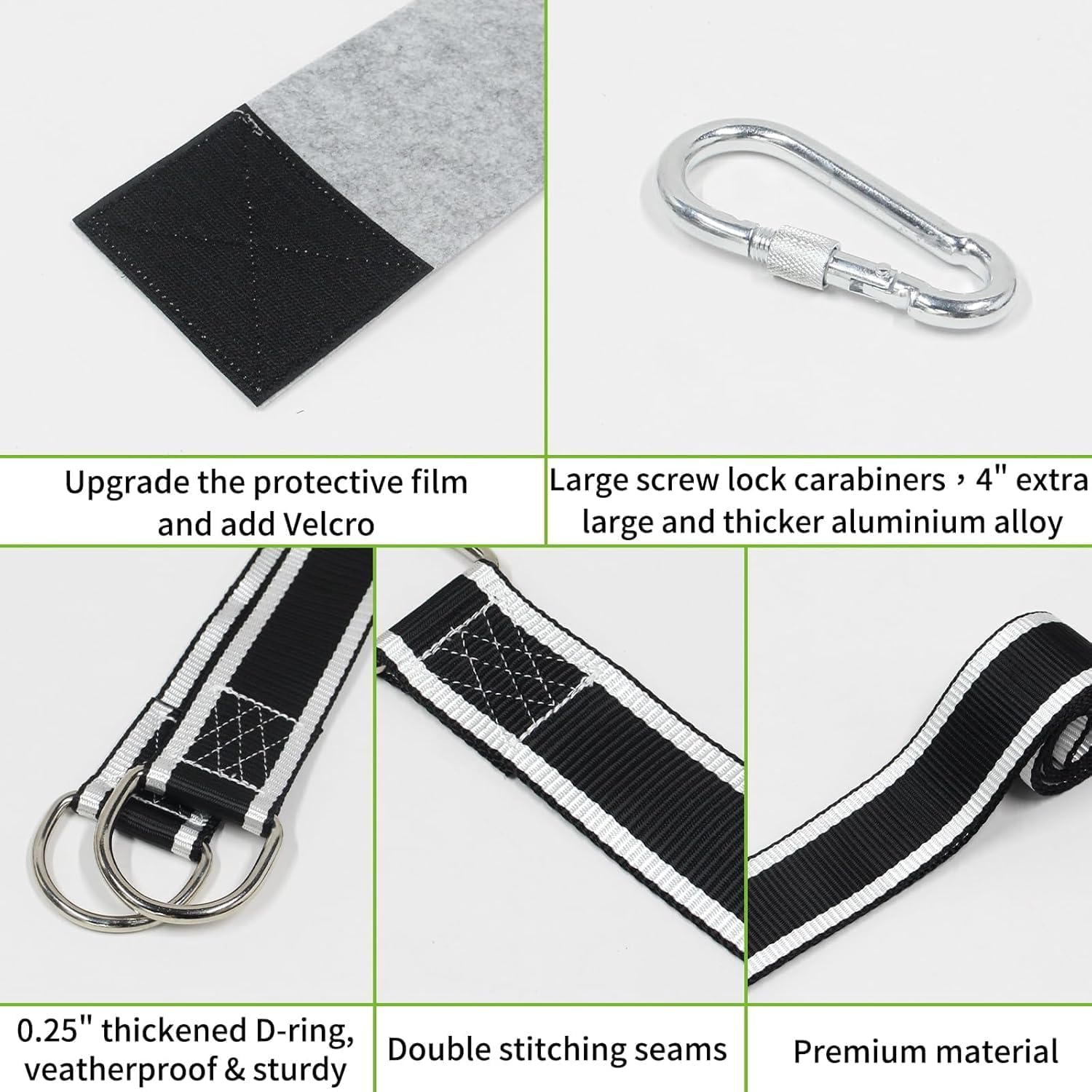 Tree Swing Hanging Strap Kit, Tree Swing Sling 2200 Lbs 5Ft Extra Long with Safer Lock Snap Hook for Hammocks, Easy Fast Installation Swing Hanging Set Perfect for Tree Swing & Hammocks (Black-White)