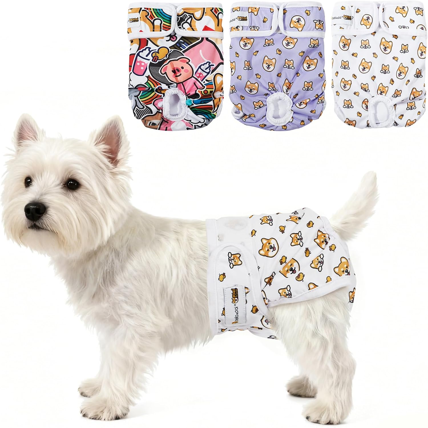 BELLA & PAL Washable Dog Diapers Female, 3 Pack Highly Absorbent Dog Diapers for Small Dogs, Leak-Proof Puppy Diapers for Female Dog in Heat, Period (XS (7-10" Waist), Pink& Purple& Green) - Xs (7 - 10" Waist), Natural Joy