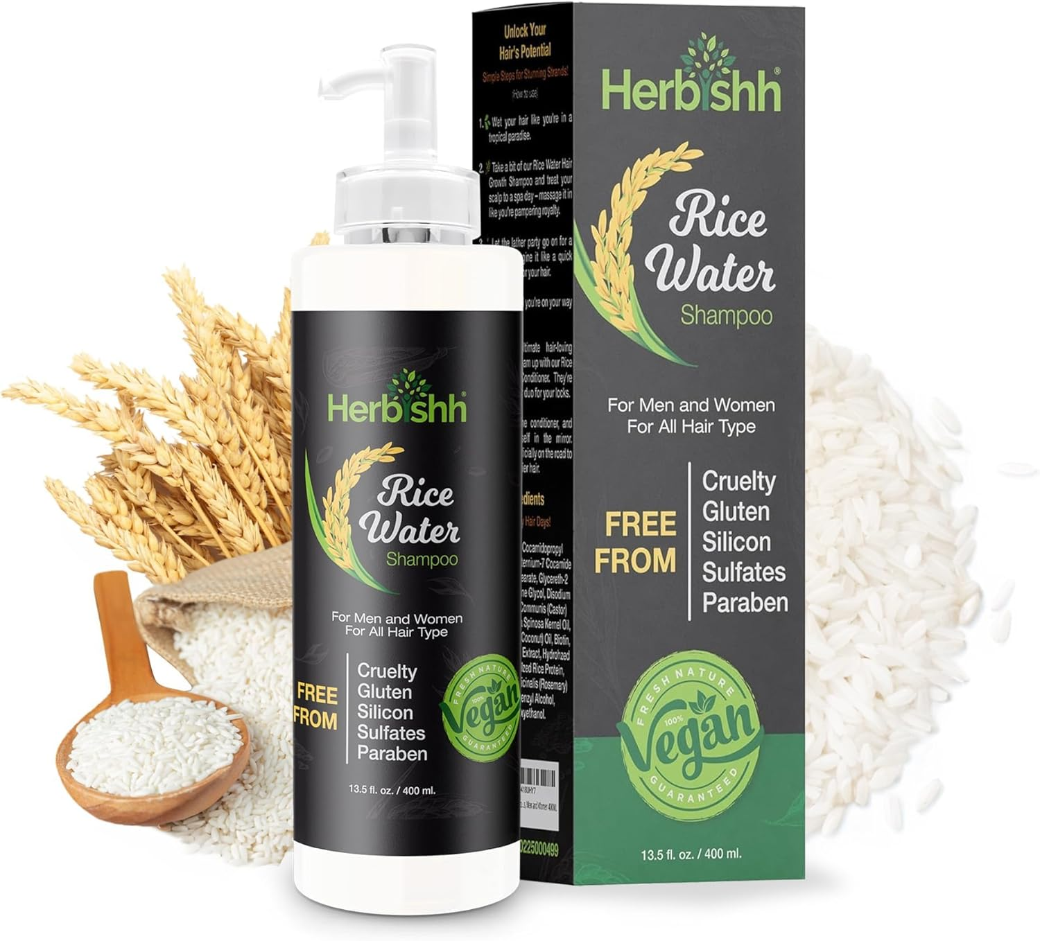 Herbishh Rice Water Hair Growth Shampoo with Power of Castor Oil, Argan Oil, Coconut Oil & Biotin |All Hair Type | Hair Regrowth for Thinning Hair, Moisturizing & Volumizing | Silicone Free | 400Ml image number 1