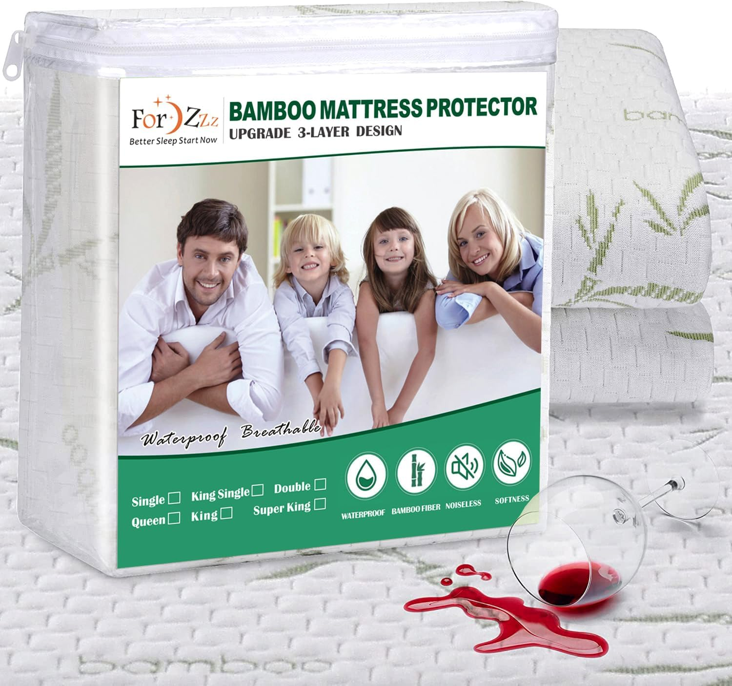 Forzzz Double Cooling Bamboo Mattress Protector Upgraded Design 3-Layer - Waterproof Fitted Sheet Mattress Cover Hypoallergenic Premium Quality Soft Pad Protects from Dust, Allergies image number 1