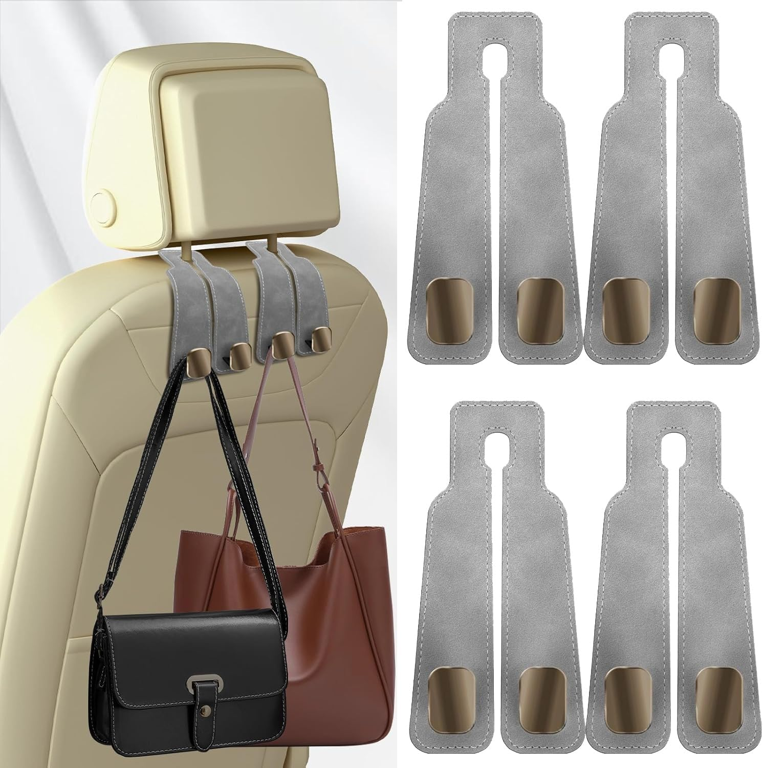 Usinynia 4 Pack Car Hooks for Headrest Double Car Seat Headrest Hooks Car Seat Back Storage Hook for Purses and Bags Leather Purse Hook for Car (Black)