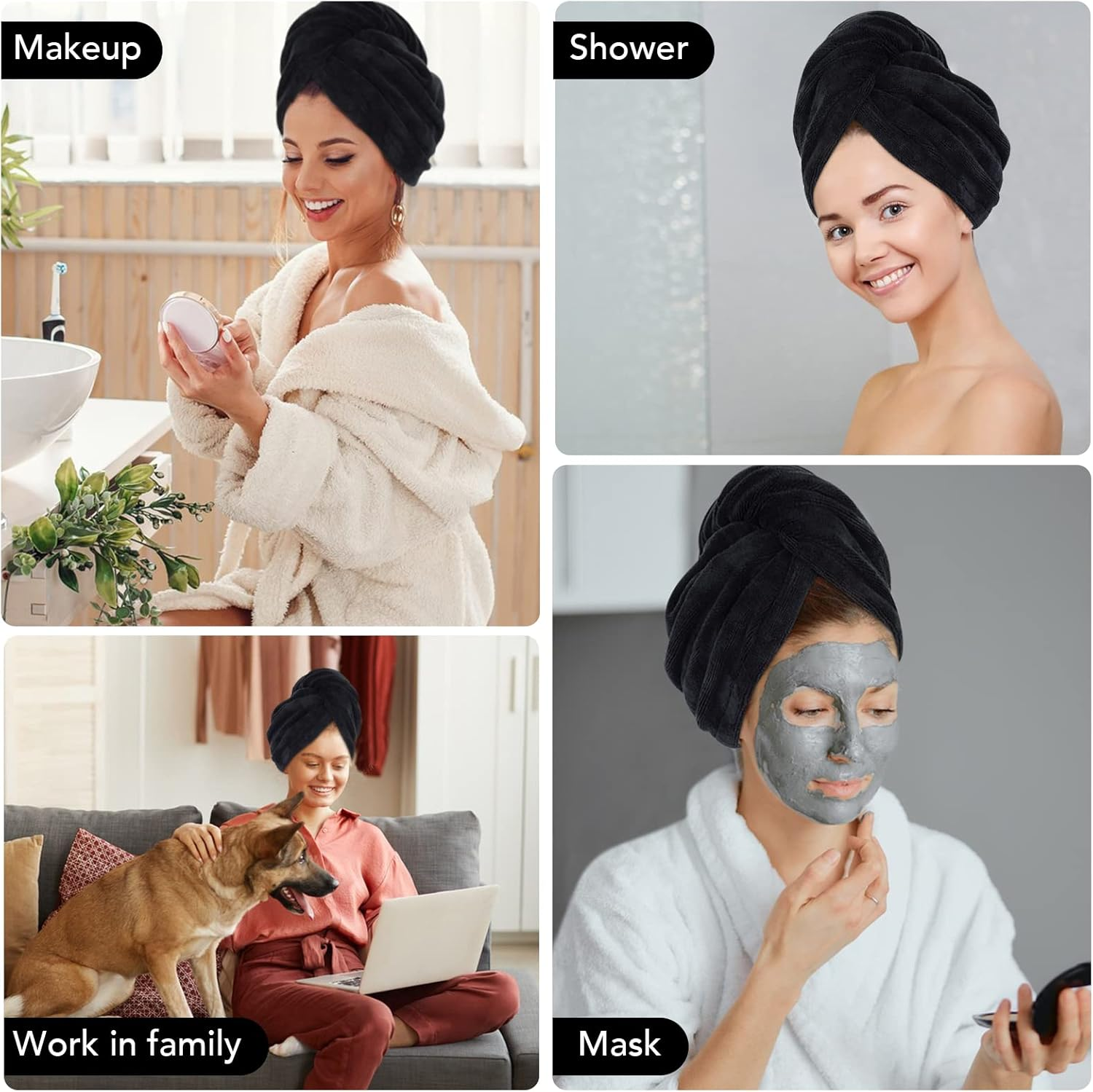 Sinland 3 Pack Microfiber Hair Towel Wrap Super Absorbent Hair Turban for Women Fast Drying Hair Towels with Buttons for Drying Curly Long Thick Hair - Black image number 3