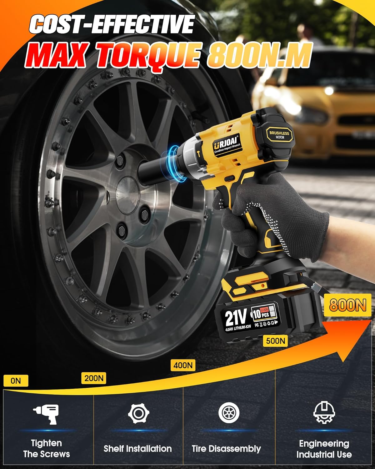 Cordless Impact Wrench - 800Nm Brushless 1/2" Impact Gun, 3300RPM High Torque Impact Gun, 2 X 4.0Ah Batteries, Charger and 7 Sockets, Electric Impact Wrench For image number 1