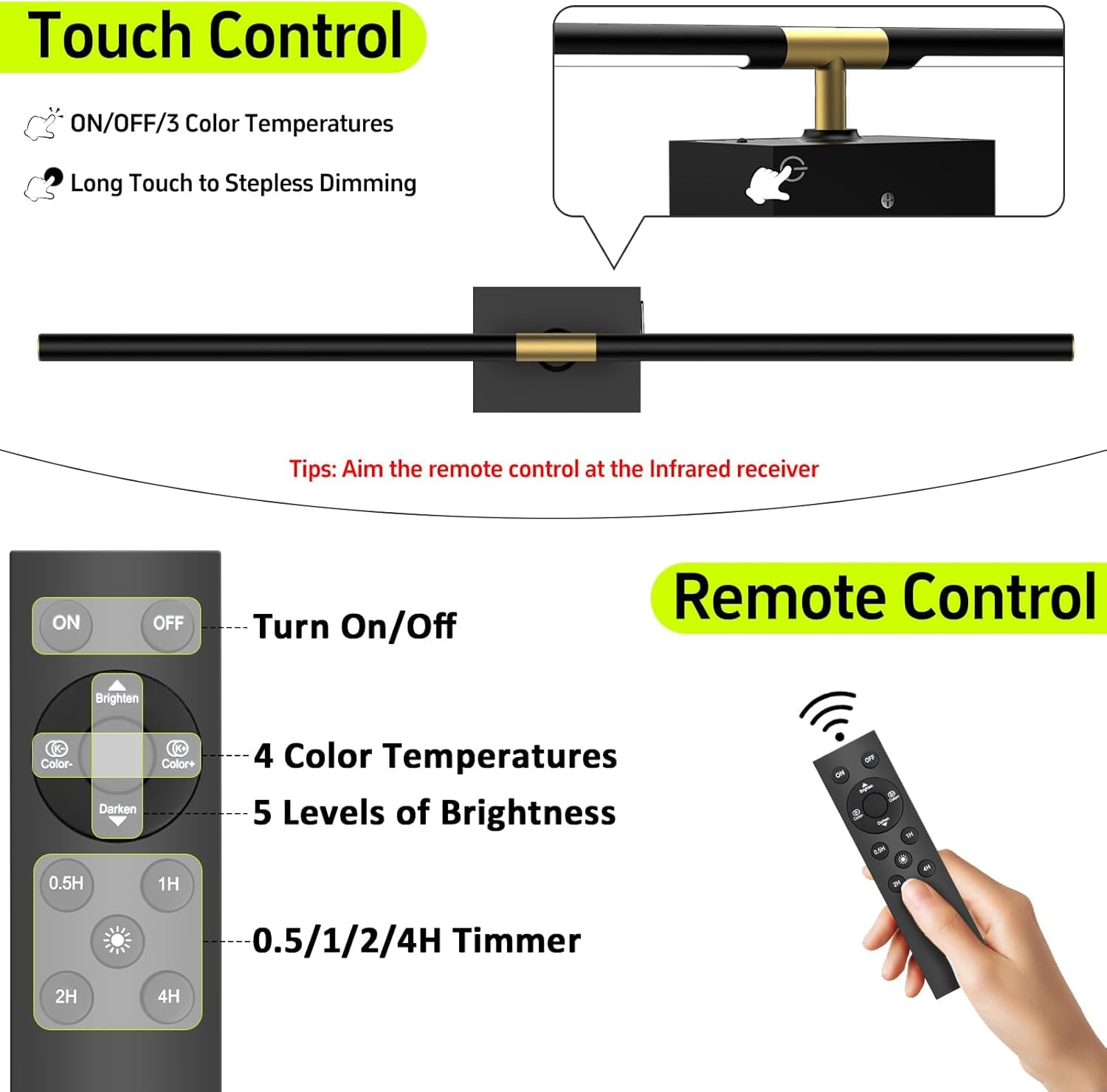 Battery Operated Wall Sconces Set of 2 &ndash; 10000Mah Rechargeable Wall Lights with Touch & Remote Control, 360&deg; Rotating Wireless Wall Lamps for Bedroom, Living Room, Hallway (80Cm, Black Gold) image number 6