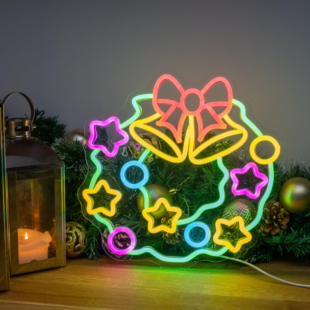 TRIXES Neon Wreath LED Light up Sign - Large 32Cm Retro Wall Decoration - Festive Hanging Decor USB Powered image number 3