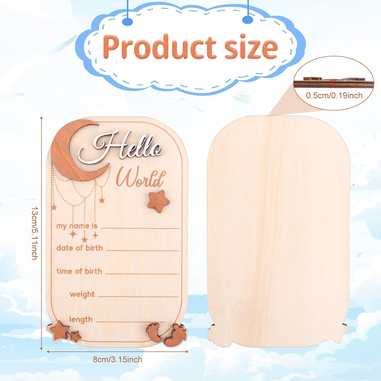 Baby Announcement Sign, Moon Star Birth Announcement Board Wooden Hello World Newborn Sign Decor Welcome Baby Sign Plaques for Photo Props Baby Shower Nursery Hospital image number 1