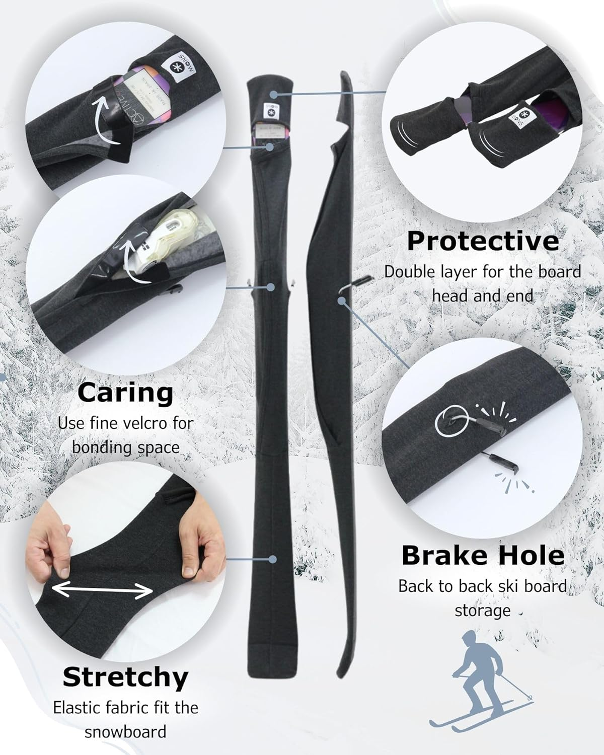 MONS Snow Skis Protection Fabric Soft Sleeve Cover Wide Open Easy Pack image number 2