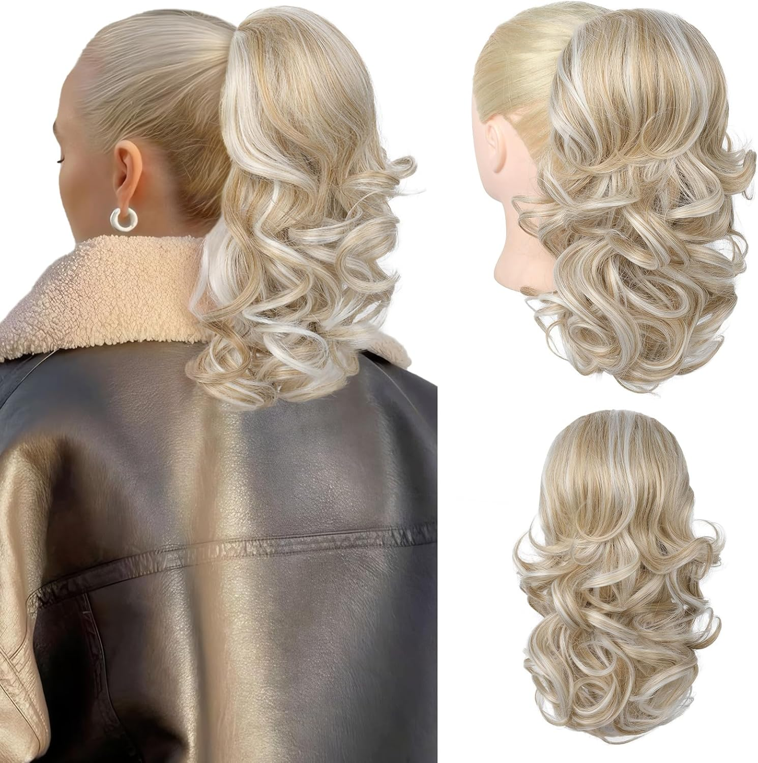 Flufymooz Ponytail Extension, 14 Inch Short Drawstring Ponytail Hair Extension for Women, Soft Synthetic Pony Tails Hairpiece for Women (Chocolate Brown with Medium Blonde)